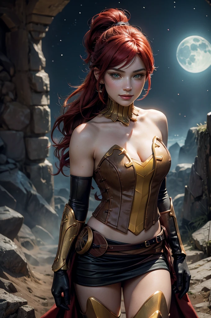 stunning girlfriend, heart shaped face, elegant face, beautiful face, highly detailed face, highly detailed skin, skin pores, subsurface scattering, realistic pupils, full lips, detailed background, depth of field, atmospheric perspective, volumetric lighting, sharp focus, absurdres, realistic proportions, good anatomy, (realistic, hyperrealistic:1.4), 16k hdr, ((best quality)), ((highly detailed)), absurdres, (detailed eyes, deep eyes), (1girl), full body, pyrrha nikos, rwby, red hair, ponytail, green eyes, medium breasts, smile, circlet, bustier, bare shoulders, skirt, elbow gloves, bracers, armored boots, night, stars, moonlight, standing, in entrance to cave, underground lake, rocks, crowd