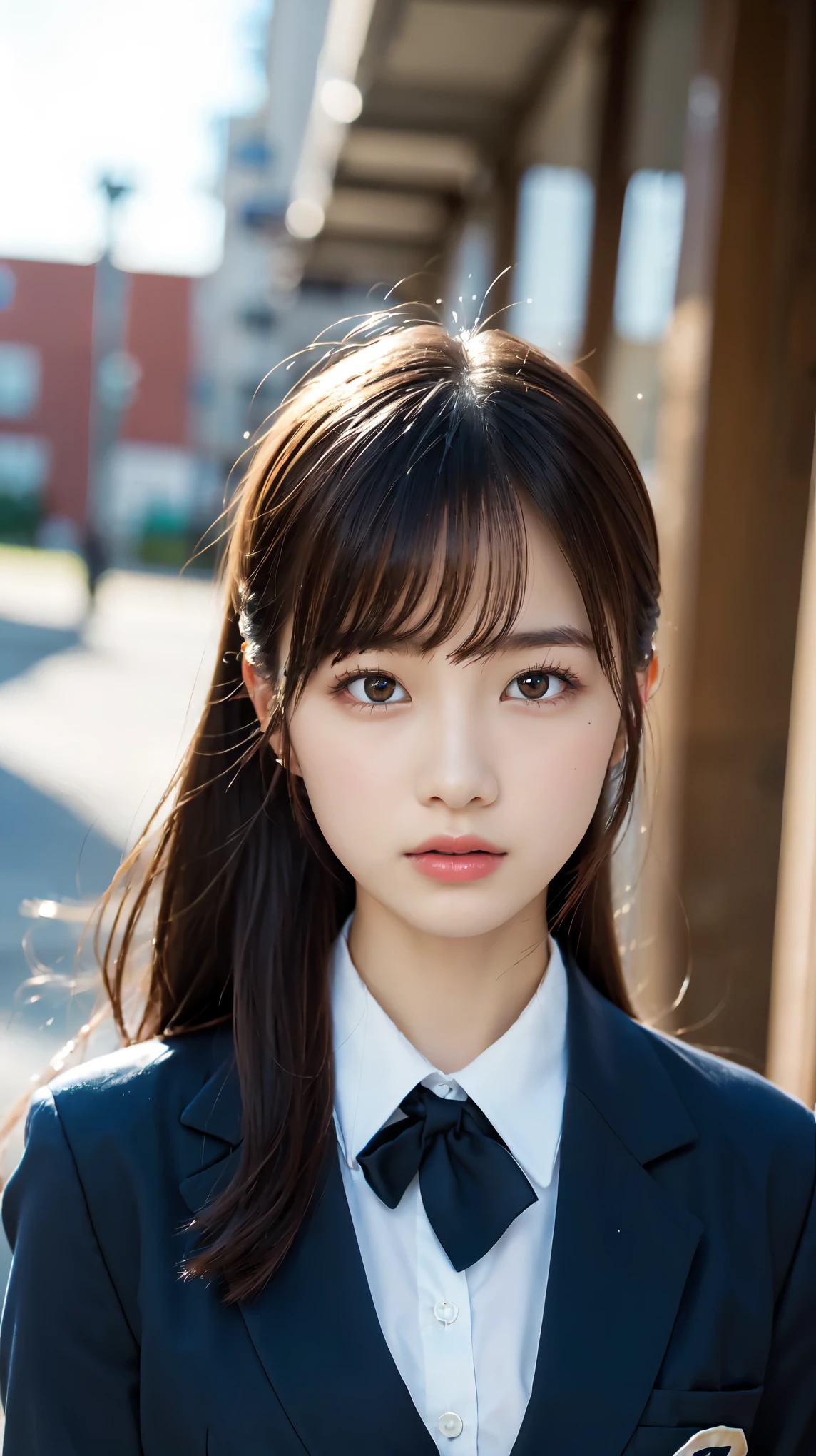 (Beautiful and detailed skin,Perfect ???????),At dusk,Sunset sky,School building,Schoolyard,14 years old,cute,Black Hair,ponytail, School Blazer Uniform,full body shot, Beautiful detailed girl, very detailed eyes and face, Beautiful and beautiful eyes, ((Japanese Girls, High School Uniform)), Official Art，Highly detailed CG Unity 8k wallpaper, (masterpiece:1.0),(highest quality:1.0), photo shoot, 8k, Browsing Caution, High resolution, Kodak Portrait 400, Film Grain, Lens flare brilliance,View your viewers