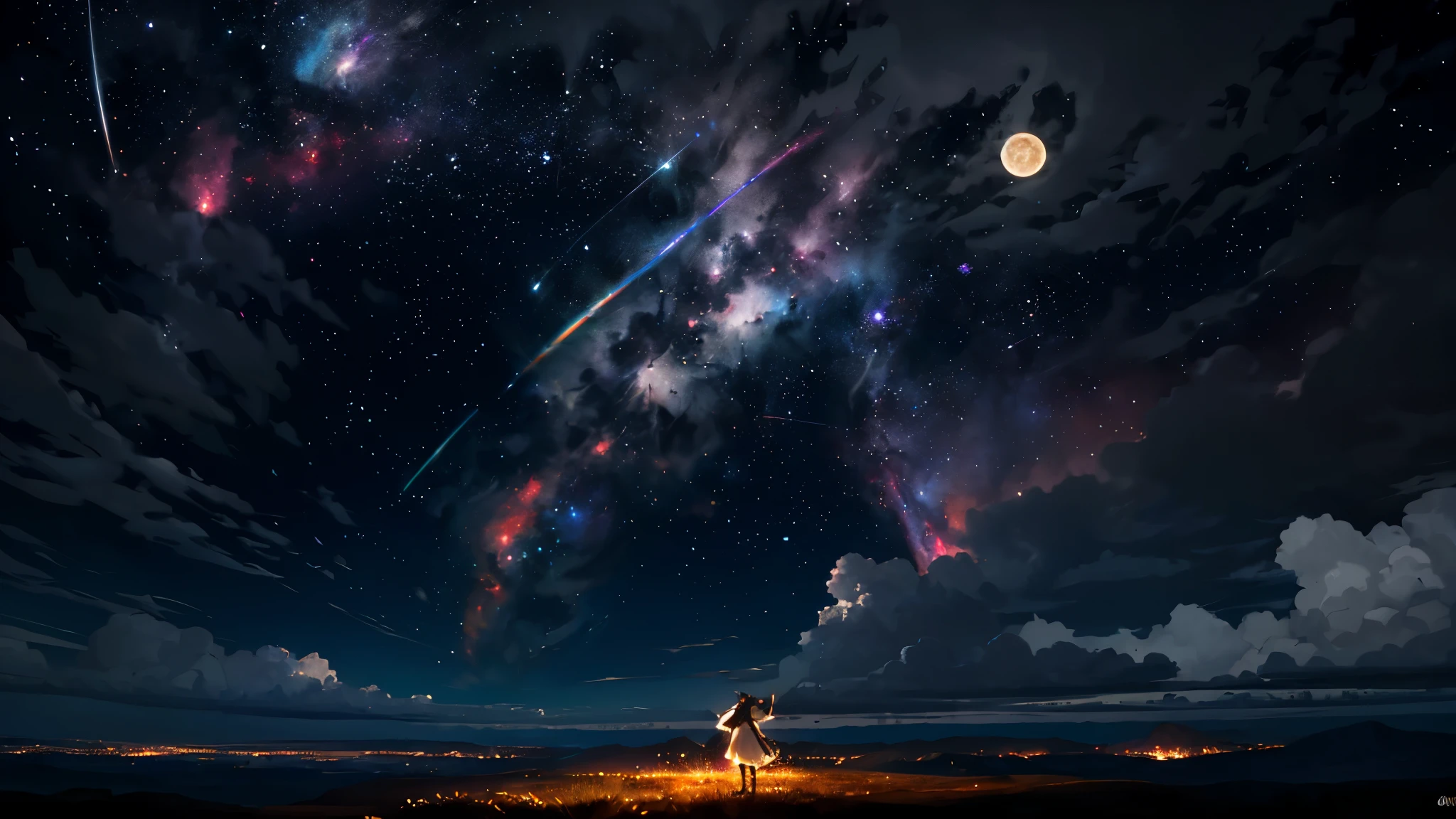 Vast landscape photography, (View from below, There is a sky above、Below is a wide plain), Girl standing on the meadow and looking up２Behind the scenes of a person, One girl is pointing at the sky, White dress, (full moon: 1.2), (meteor: 0.9), (nebula: 1.3), Light,  Intricate details, Volumetric lighting, Realism Break (masterpiece: 1.2), (highest quality), 4K, Very detailedな, (Dynamic configuration: 1.4), Very detailed, Colorful details, (Rainbow-colored: 1.2), (Glow Lighting, Atmospheric lighting), dream-like, Magic,