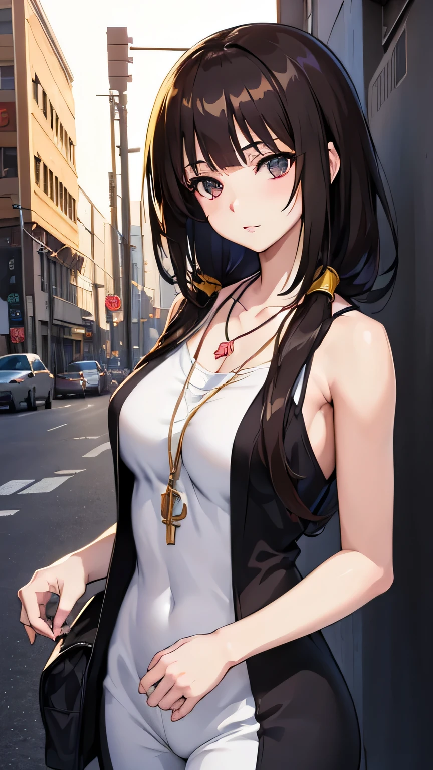  ((Anime girl with brown hair hair and white very short dress with necklace, beautiful character painting, soft anime computer graphics, realistic anime art, beautiful anime woman, Cyberpunk, futurism, tight jumpsuit, anime girl rendering, Makoto Shinkai and Artgerm, realistic 3D anime style, anime realism style, digital art in anime style, very see body , very sexy, beautiful anime girl, random angle)), ropa corta muy delgada y ligera com el aire, transparente como el aire,