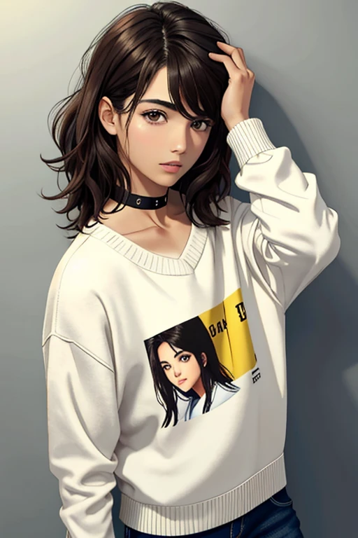 1 chica en, edad19, Solo, pelo largo, Colosal , mirando al espectador, pelo rubio, hombros descubiertos, Brown eyes, joya, cuerpo completo, un collar, fuera de los hombros, Sweaters, realista, un sexy