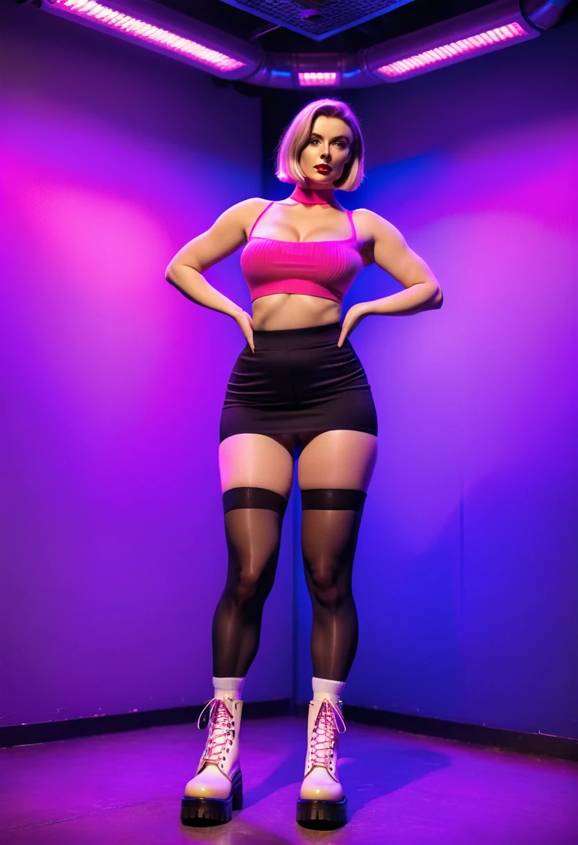 (full body photo:1.3), solo, (from below)1.2, (stylish bob haircut) (huge natural breasts)1.3, (futuristic, nightclub, neon light), (standing pose), (black tights and white wool socks)1.3, (pink tube-top) (purple tight mini skirt)1.2, (black tights and white wool socks)1.3 (Platform Dr Martens boots)1.2, (wide hips, curvy, thick thighs muscular legs)1.2, intricate detail, ((random ethnicity from Europe and America) mature female)1.2 posh, (environmental portrait), perfect eyes, looking at viewer, showing ass