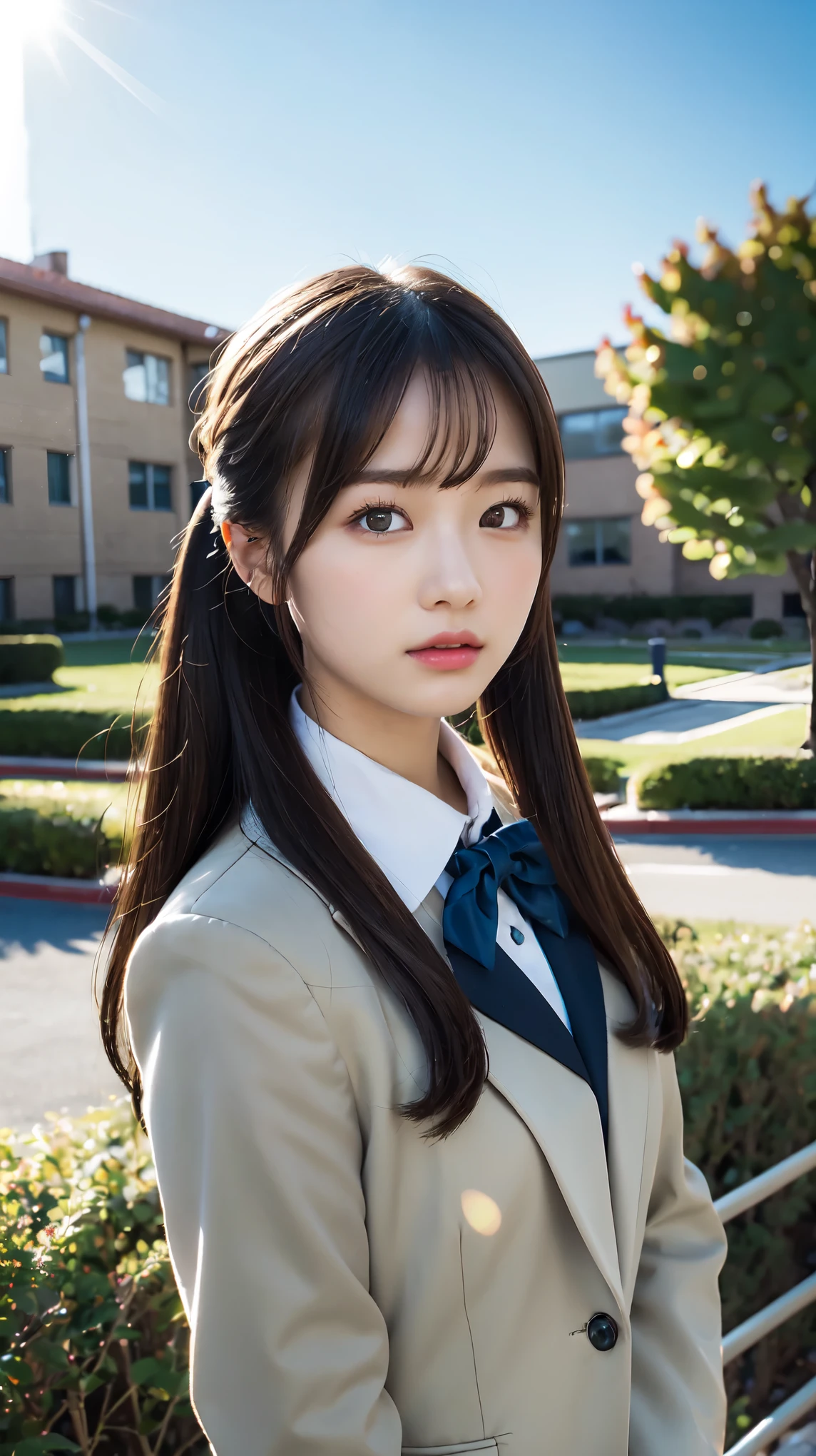 (Beautiful and detailed skin,Perfect Anatomy),At dusk,Sunset sky,School building,Schoolyard,14 years old,cute,Black Hair,Twin tails, School Blazer Uniform,full body shot, Beautiful detailed girl, very detailed eyes and face, Beautiful and beautiful eyes, ((Japanese Girls, High School Uniform)), Official Art,Highly detailed CG Unity 8k wallpaper, (masterpiece:1.0),(highest quality:1.0), photo shoot, 8k, Browsing Caution, High resolution, Kodak Portrait 400, Film Grain, Lens flare brilliance,View your viewers