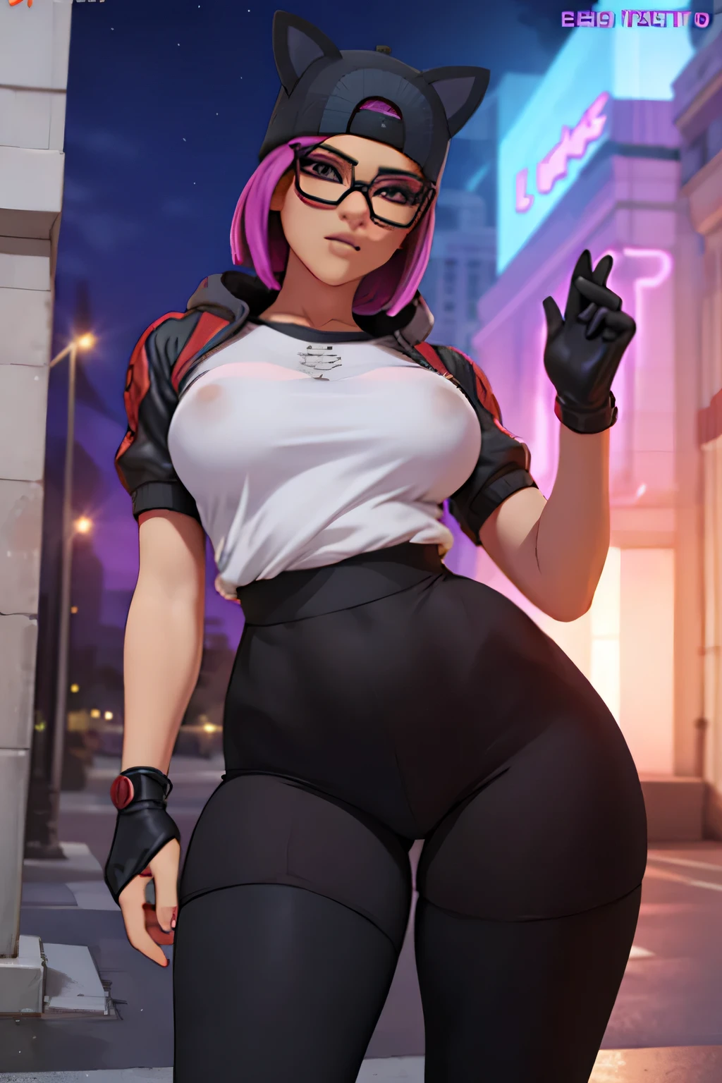 lince, gafas, gorra , shorts con leggins, guantes sin dedos, sentada, Noche, Extremadamente detallado, rostro detallado ,hermoso rostro, ojos finos, mirando al espectador, pose femenino.
