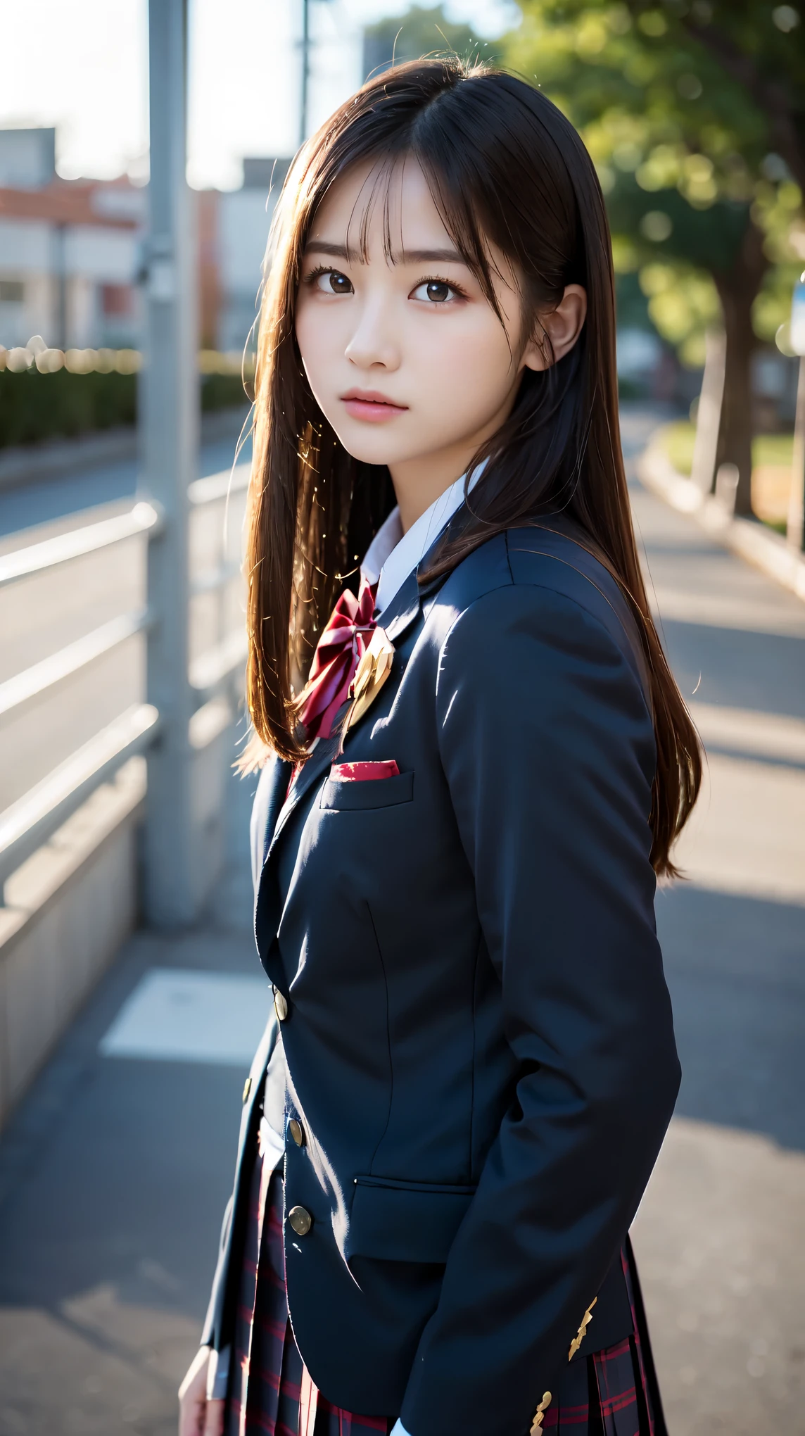 (Beautiful and detailed skin,Perfect Anatomy),At dusk,Sunset sky,School building,Schoolyard,,cute,single eyelid,Long black hair,School Blazer Uniform,full body shot, Beautiful detailed girl, very detailed eyes and face, Beautiful and beautiful eyes, ((Japanese Girls, High School Uniform)), Official Art,Highly detailed CG Unity 8k wallpaper, (masterpiece:1.0),(highest quality:1.0), photo shoot, 8k, Browsing Caution, High resolution, Kodak Portrait 400, Film Grain, Lens flare brilliance,View your viewers