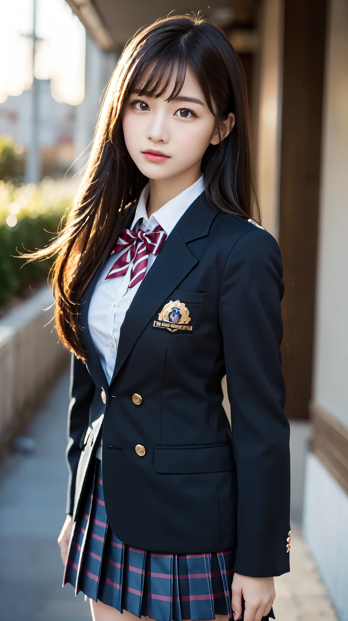 (Beautiful and detailed skin,Perfect Anatomy),At dusk,Sunset sky,School building,Schoolyard,14 years old,cute,single eyelid,Long black hair,School Blazer Uniform,full body shot, Beautiful detailed girl, very detailed eyes and face, Beautiful and beautiful eyes, ((Japanese Girls, High School Uniform)), Official Art，Highly detailed CG Unity 8k wallpaper, (masterpiece:1.0),(highest quality:1.0), photo shoot, 8k, Browsing Caution, High resolution, Kodak Portrait 400, Film Grain, Lens flare brilliance,View your viewers