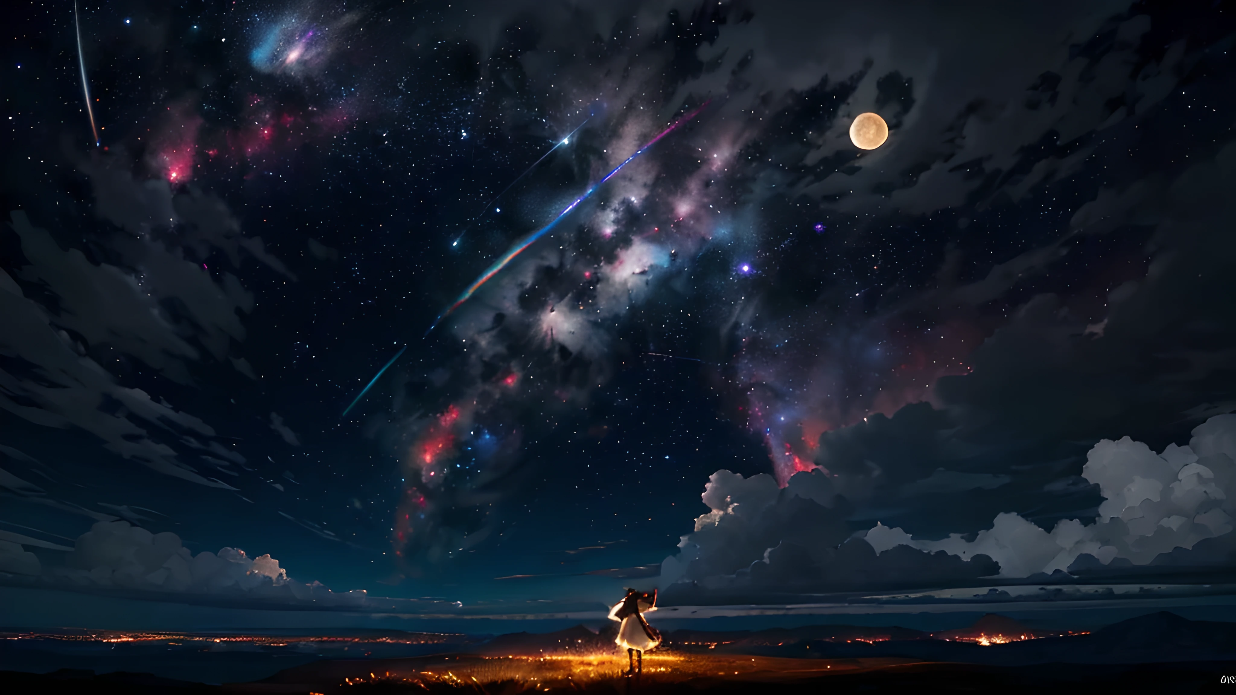 Vast landscape photography, (View from below, There is a sky above、Below is a wide plain), Girl standing on the meadow and looking up2Behind the scenes of a person, One girl is pointing at the sky, White dress, (full moon: 1.2), (meteor: 0.9), (nebula: 1.3), Light, Intricate details, Volumetric lighting, Realism Break (masterpiece: 1.2), (highest quality), 4K, Very detailedな, (Dynamic configuration: 1.4), Very detailed, Colorful details, (Rainbow-colored: 1.2), (Glow Lighting, Atmospheric lighting), dream-like, Magic,