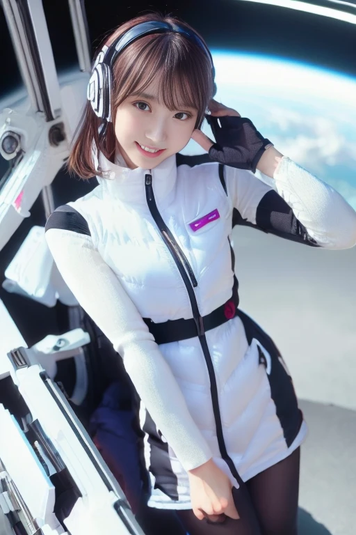 ((NSFW: 1.4)), (acrobatic pose):10,((Detailed face, Professional photography)), ((NSFW, zettai ryouiki, 1 girl)), Ultra-high resolution, (Realistic: 1.4), RAW Photos, highest quality, (PhotoRealistic Stick), concentrated, Soft Light, ((30 years old)), ((Japanese)), (( (Young Face))), (surface), (Depth of written boundary), masterpiece, (Realistic),(inside ISS):3, woman, ,astrovest:2,headphone:2,smartwatch,,bangs, ((1 girl)),(black sleeves):2,(black tights):2,inside spacestation,inside spacecraft,,zero gravity,smile,open leg,blush:1.5,hidden hands,neotech