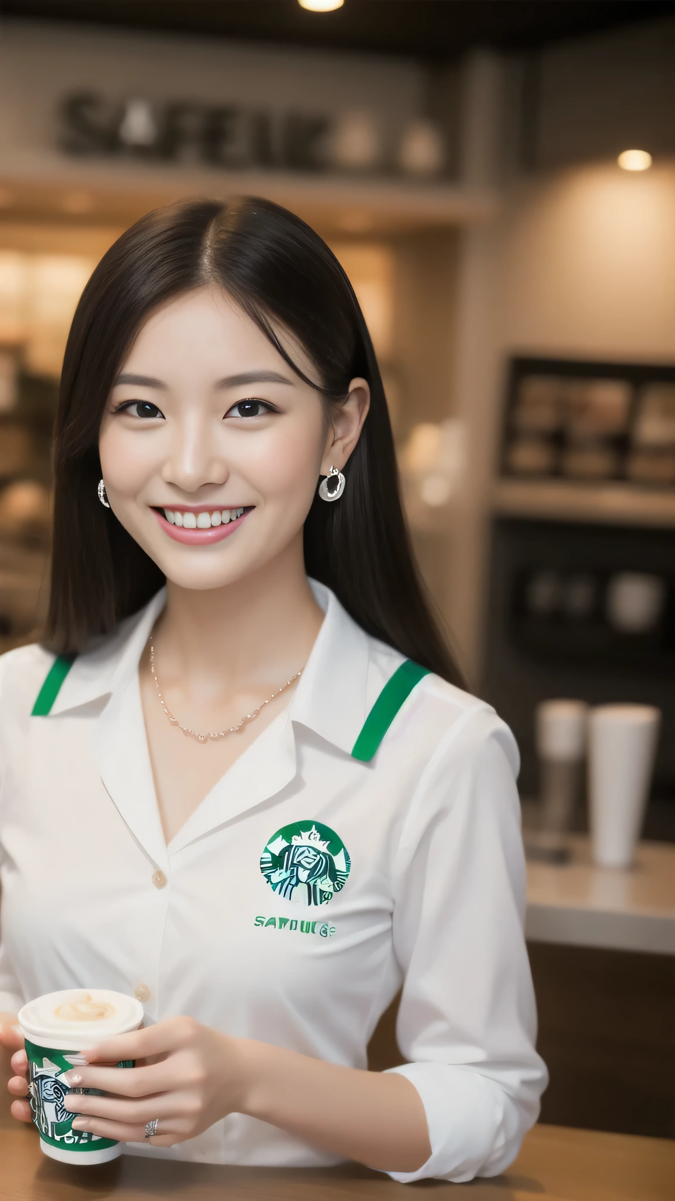 Hostess&#39;s face、Married women、Married Woman、Beauty、Starbucks Uniforms、high quality、Super Ultra Realistic、healthy、smile、Perfect figure、Japanese Beauty、 necklace、Earrings、Perfect eyes, beautiful skin、Upper Body、looking at the camera、Starbucks employee