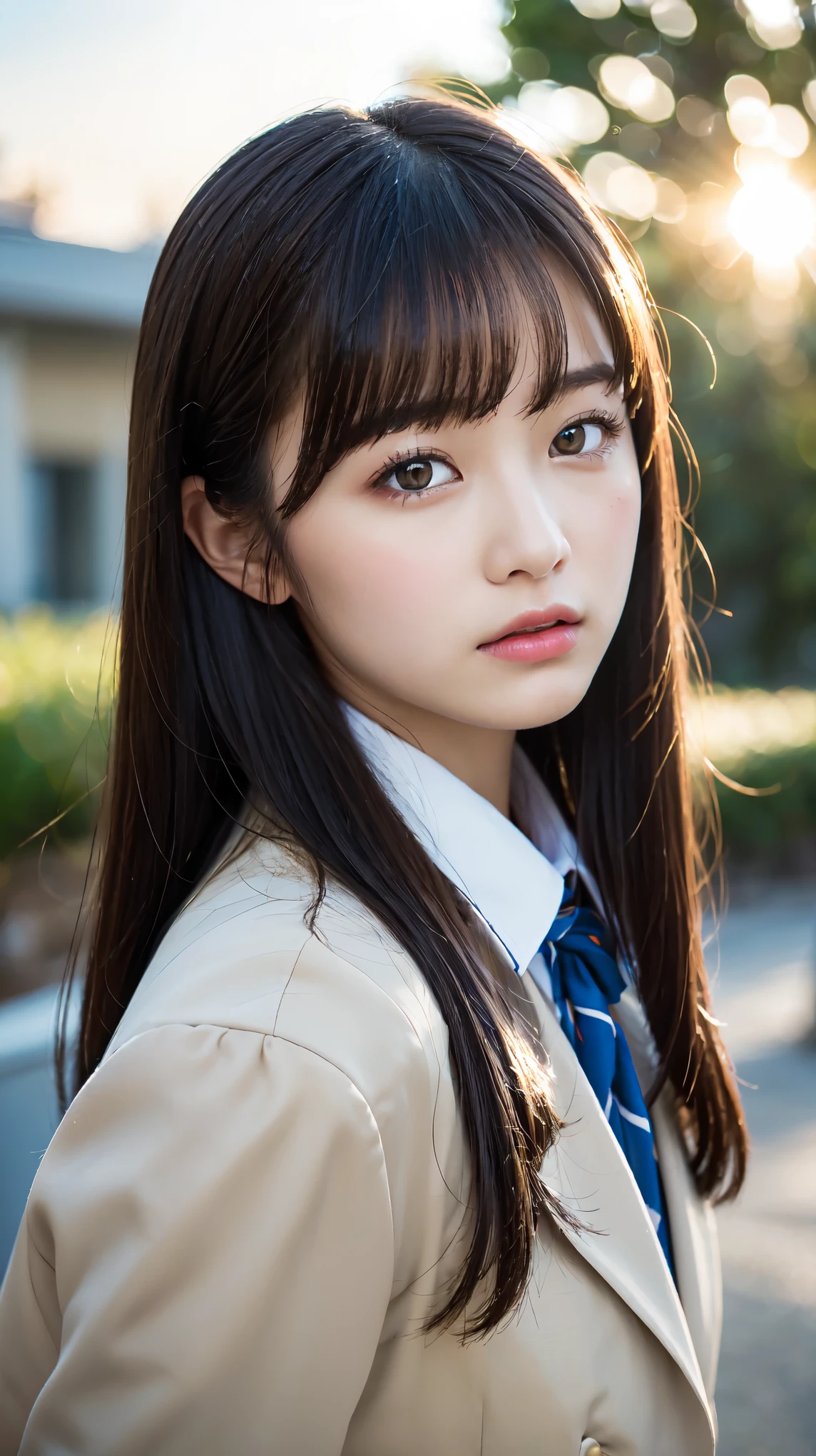 (Beautiful and detailed skin,Perfect Anatomy),At dusk,Sunset sky,School building,Schoolyard,,cute,single eyelid,Long black hair,School Blazer Uniform,Bust up shot, Beautiful detailed girl, very detailed eyes and face, Beautiful and beautiful eyes, ((Japanese Girls, High School Uniform)), Official Art,Highly detailed CG Unity 8k wallpaper, (masterpiece:1.0),(highest quality:1.0), photo shoot, 8k, Browsing Caution, High resolution, Kodak Portrait 400, Film Grain, Lens flare brilliance,View your viewers