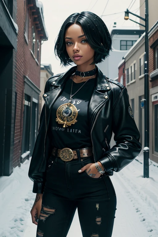Kat Graham 20-year-old girl with an open black jacket, a blue t-shirt with a snow print, short black hair, punk style, yellow locks, black jeans, green eyes, a black leather belt, a silver buckle, a muscular build, a slim cross medallion, a silver bracelet, looking straight at the viewer, holding a harp