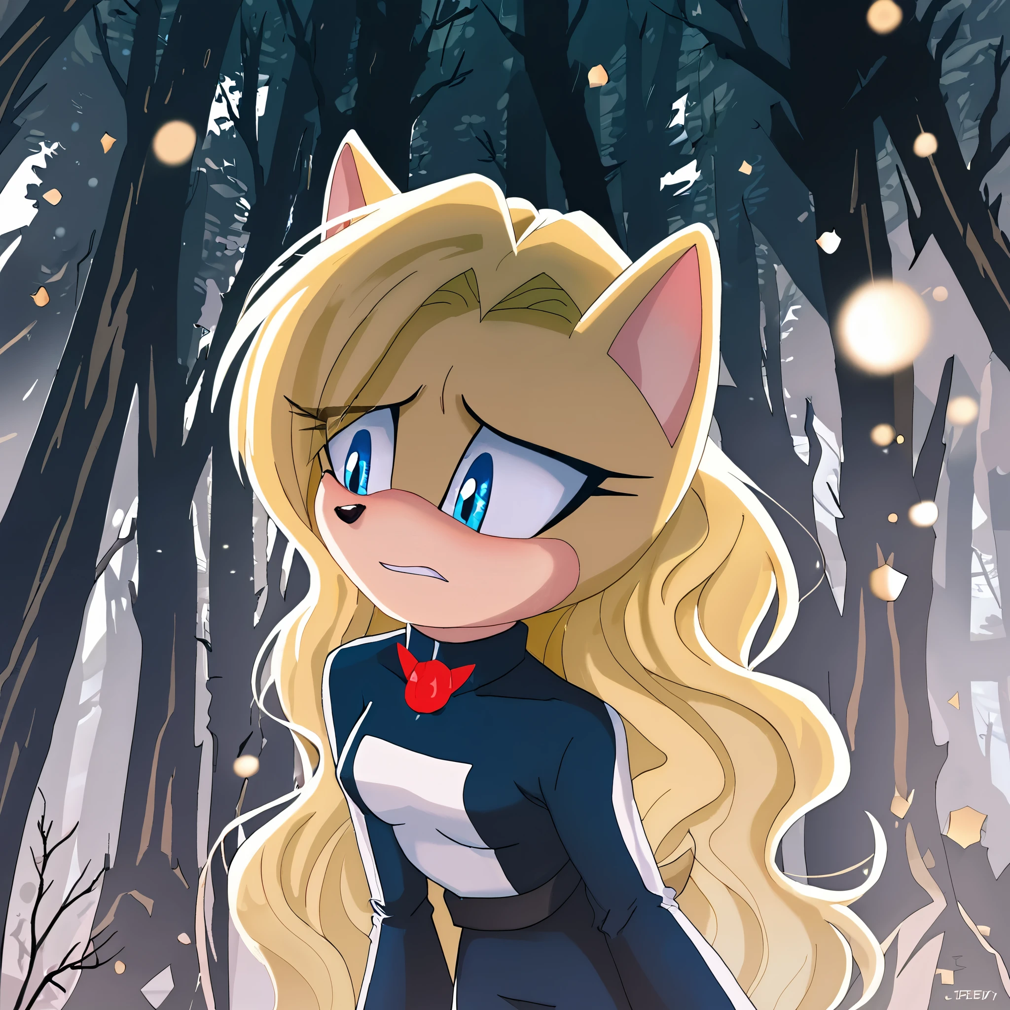 score_9, score_8_up, score_7_up, ((Masterpiece)), high quality, studio quality, 1girl, Female, mobian, ((hedgehog)), 1girl, solo, forest background, blonde fur, long hair, blue irises, hair bangs, beautiful young woman Venomized, long strabarry blonde hair, soft blue eyes with a hint of mystery, wearing Venom Symbiote Suit, looking down at herself with a sad/scared expression, innocently scared look