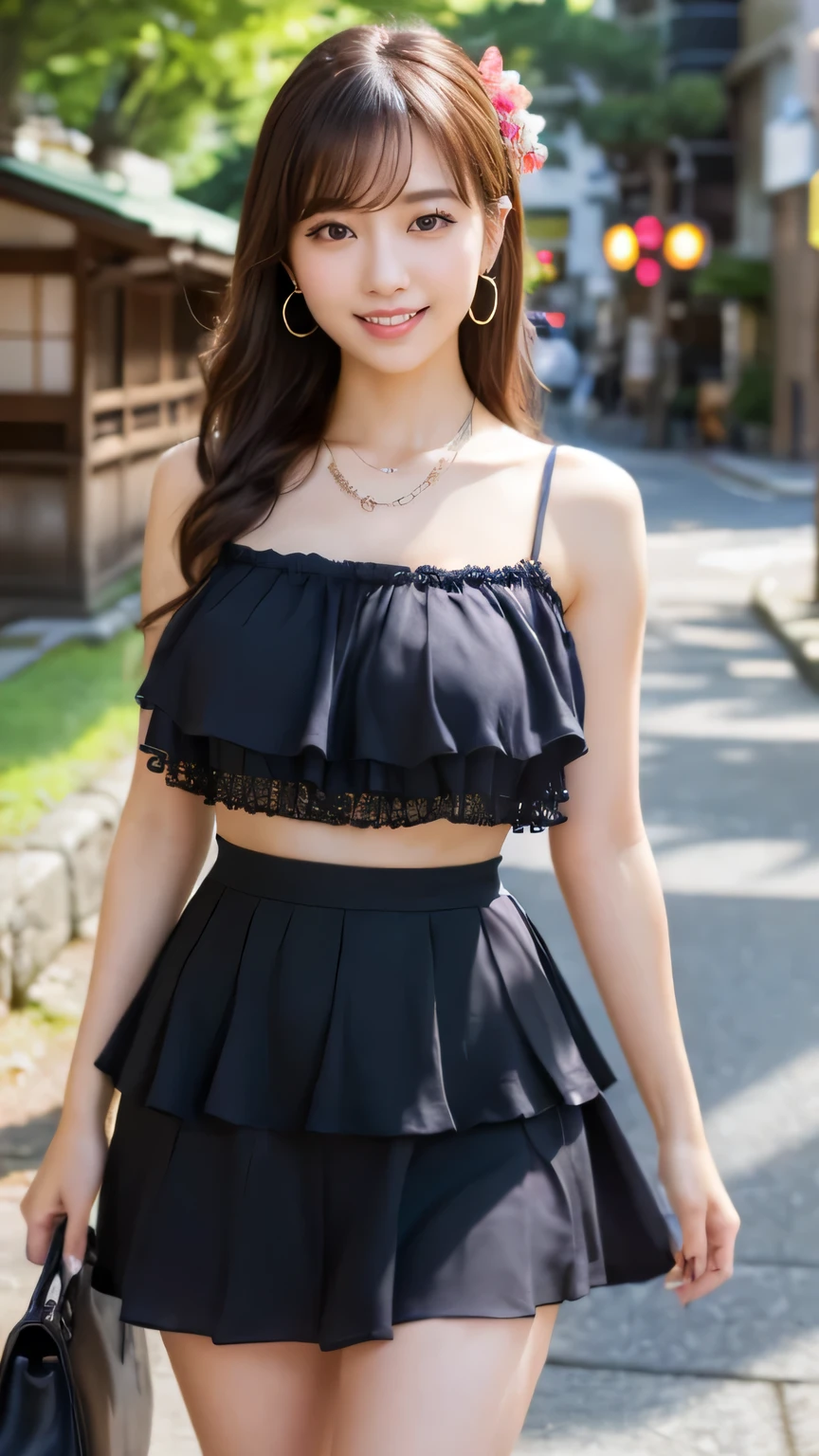 (realistic, photo-realistic:1.4), (extremely detailed 8k wallpaper), bokeh, detailed beautiful eyes and skin, (Image from thighs to head:1.3), (Japanese idol:1.3), 25yo, beautiful woman, smile, (large breast:1.2), full body, 
Ruffled chiffon skirt, sleeveless knit top, strappy flats, crossbody purse, hoop earrings, layered necklaces,