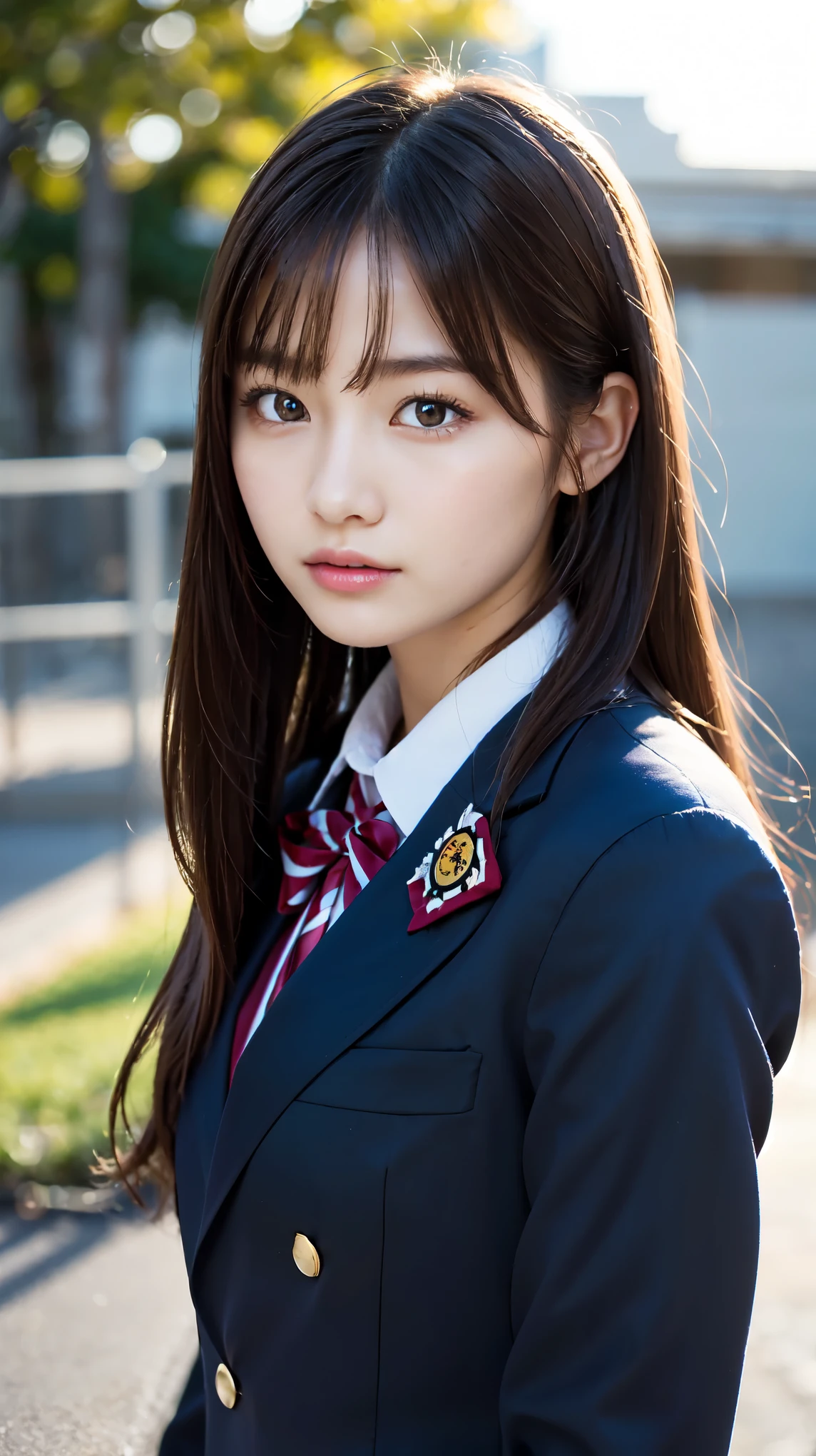 (Beautiful and detailed skin,Perfect Anatomy),At dusk,Sunset sky,School building,Schoolyard,14 years old,cute,single eyelid,Long black hair,School Blazer Uniform,Bust up shot, Beautiful detailed girl, very detailed eyes and face, Beautiful and beautiful eyes, ((Japanese Girls, High School Uniform)), Official Art，Highly detailed CG Unity 8k wallpaper, (masterpiece:1.0),(highest quality:1.0), photo shoot, 8k, Browsing Caution, High resolution, Kodak Portrait 400, Film Grain, Lens flare brilliance,View your viewers