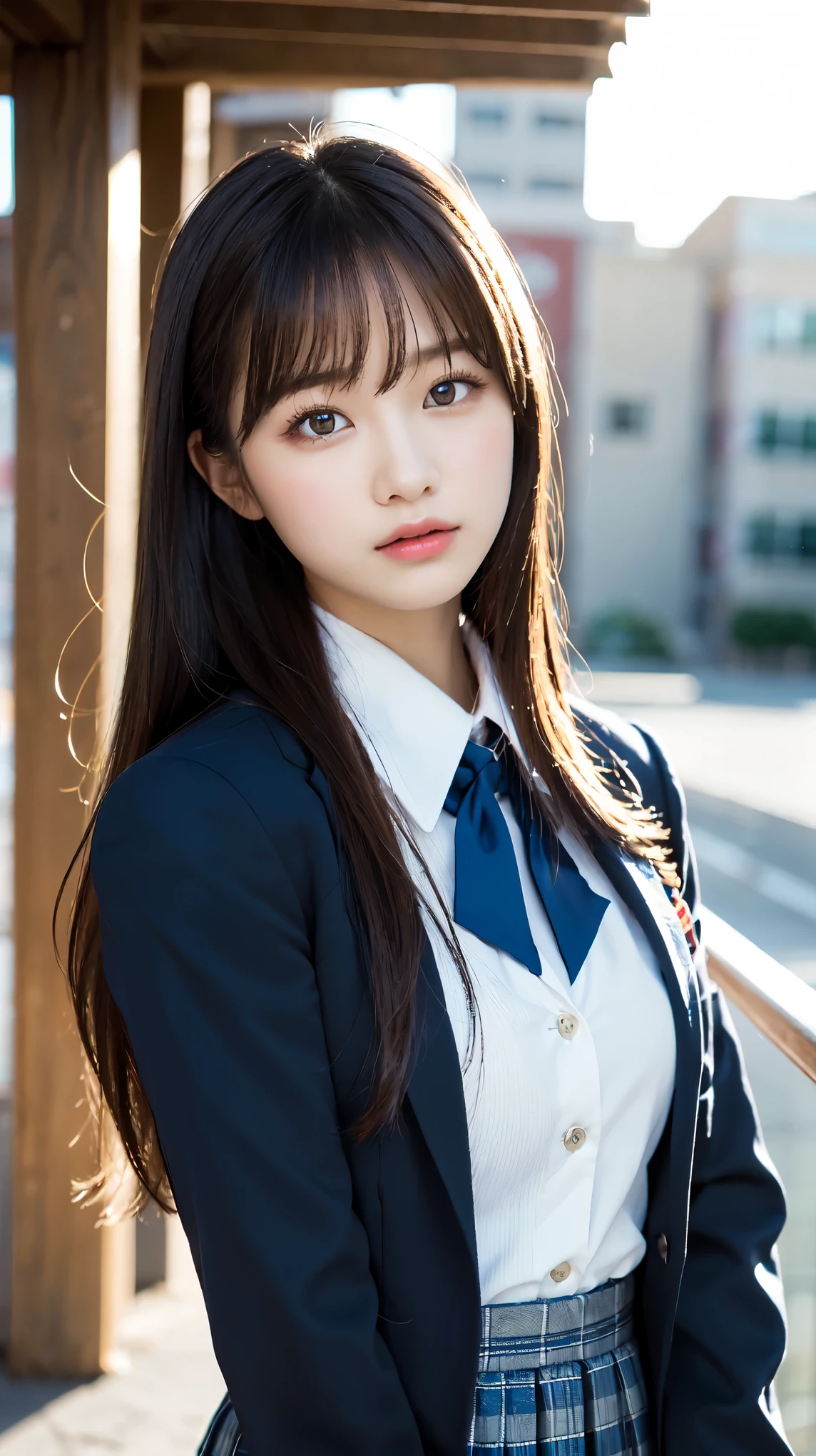 (Beautiful and detailed skin,Perfect Anatomy),At dusk,Sunset sky,School building,Schoolyard,14 years old,cute,single eyelid,Long black hair,School Blazer Uniform,Bust up shot, Beautiful detailed girl, very detailed eyes and face, Beautiful and beautiful eyes, ((Japanese Girls, High School Uniform)), Official Art,Highly detailed CG Unity 8k wallpaper, (masterpiece:1.0),(highest quality:1.0), photo shoot, 8k, Browsing Caution, High resolution, Kodak Portrait 400, Film Grain, Lens flare brilliance,View your viewers