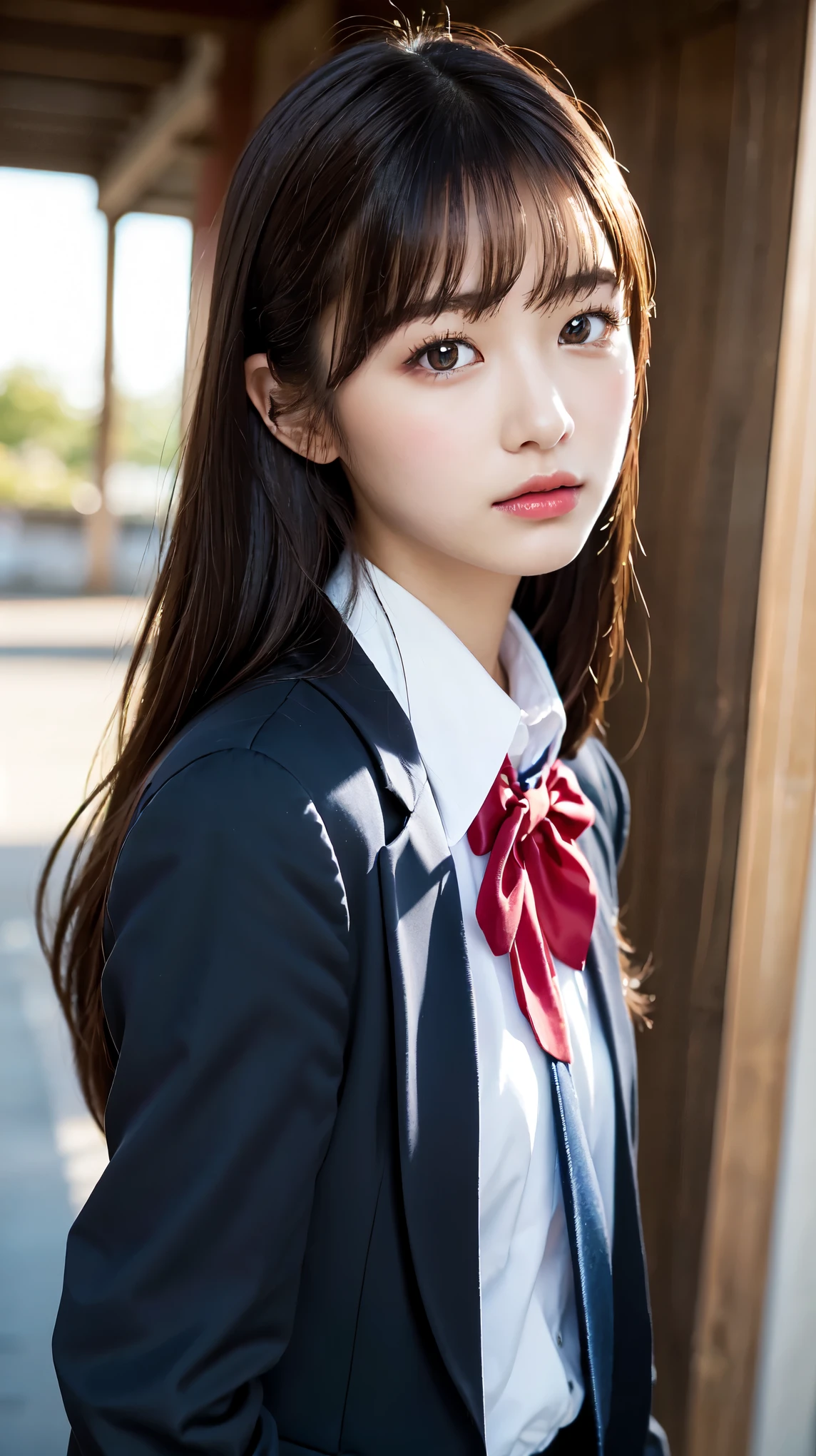 (Beautiful and detailed skin,Perfect Anatomy),At dusk,Sunset sky,School building,Schoolyard,,cute,single eyelid,Long black hair,School Blazer Uniform,Bust up shot, Beautiful detailed girl, very detailed eyes and face, Beautiful and beautiful eyes, ((Japanese Girls, High School Uniform)), Official Art,Highly detailed CG Unity 8k wallpaper, (masterpiece:1.0),(highest quality:1.0), photo shoot, 8k, Browsing Caution, High resolution, Kodak Portrait 400, Film Grain, Lens flare brilliance,View your viewers