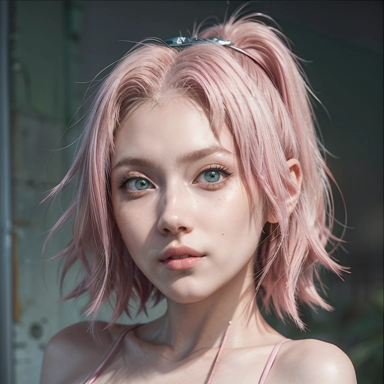 young woman, short shoulder-length pink hair, wide forehead, porcelain skin, pink eyebrows, big emerald green eyes, buttoned nose, full lips, heart-shaped face, slender body, small breasts, red tank top, Sakura Haruno , realistic, realism, details, 3d, well detailed