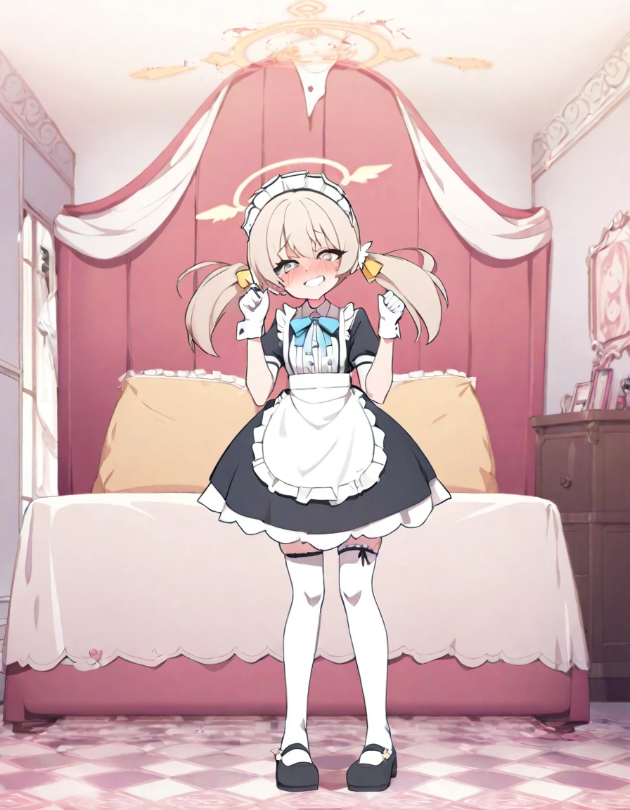 NSFW, Hifumi, Hifumi_blue_archive, mind break, yandere, obsessive, high quality, professional work, popular, blue archive style, anime style, detailed, full body, heart shaped pupils, smugish, smug, wants sex, is horny, Yandere, maid outfit, maid, erotic clothes, mansion