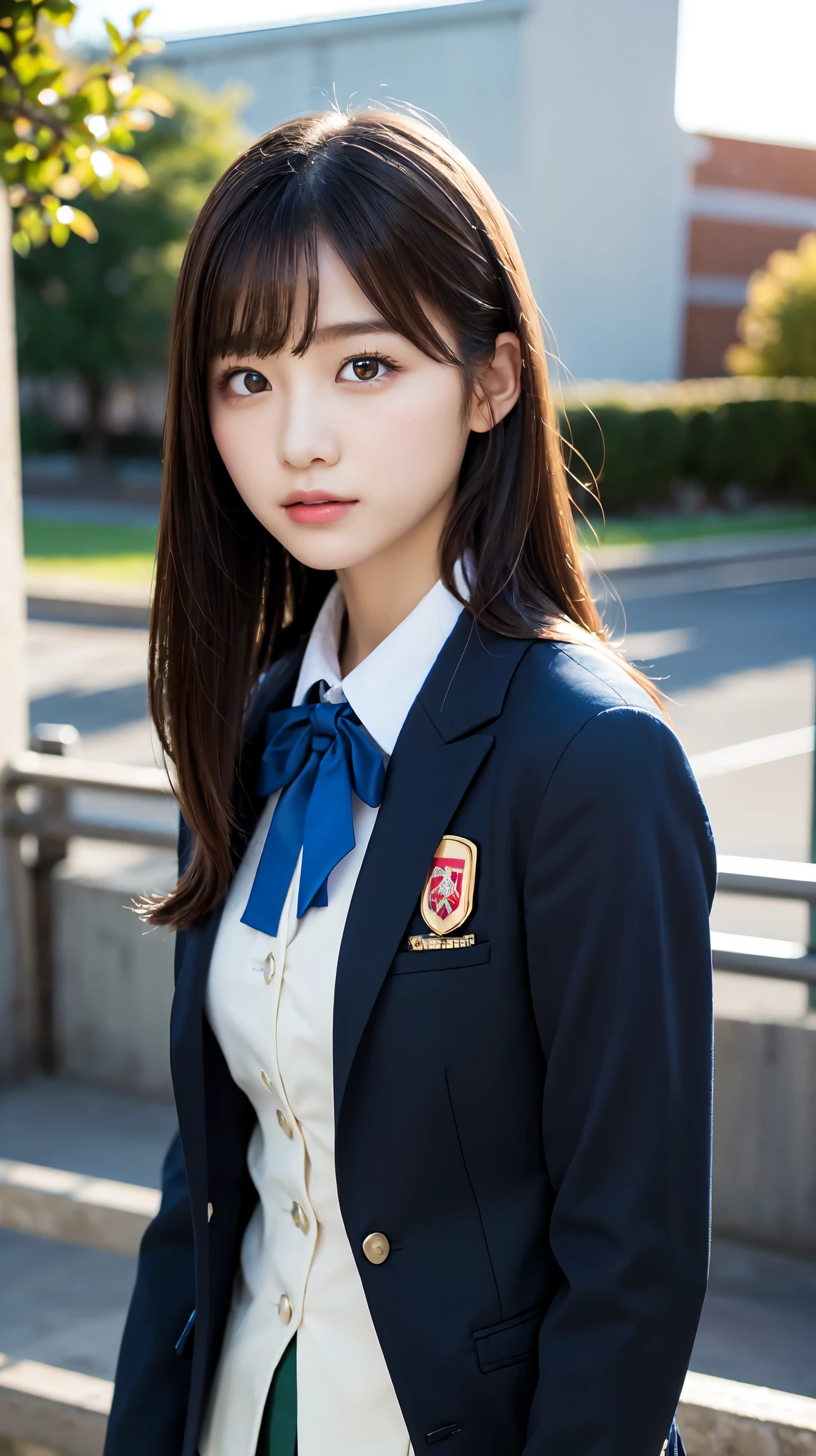 (Beautiful and detailed skin,Perfect Anatomy),At dusk,Sunset sky,School building,Schoolyard,14 years old,cute,single eyelid,Long black hair,School Blazer Uniform,Bust up shot, Beautiful detailed girl, very detailed eyes and face, Beautiful and beautiful eyes, ((Japanese Girls, High School Uniform)), Official Art,Highly detailed CG Unity 8k wallpaper, (masterpiece:1.0),(highest quality:1.0), photo shoot, 8k, Browsing Caution, High resolution, Kodak Portrait 400, Film Grain, Lens flare brilliance,View your viewers