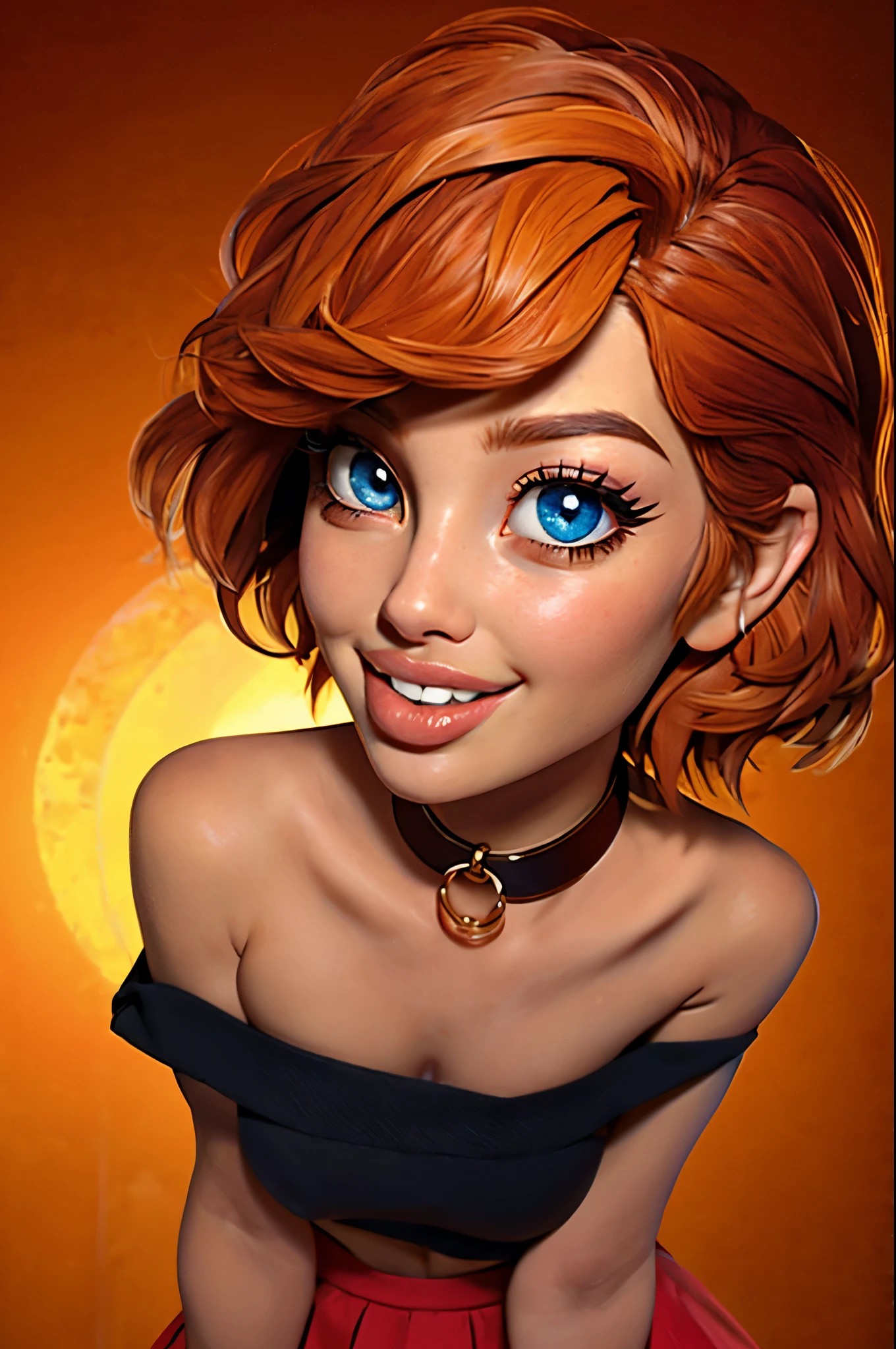 1girl, big clear eyes, eye contact, (small breasts:1.2), red choker, wide view, parted lips, pulpy lips, bright orange hair, showing off skirt, short messy hair, bangs, highly detailed, soft tones, extreme detail, no background, (detailed textures:1.1),  dramatic light, happy smile, high Depth Of Field, slight fisheye lens