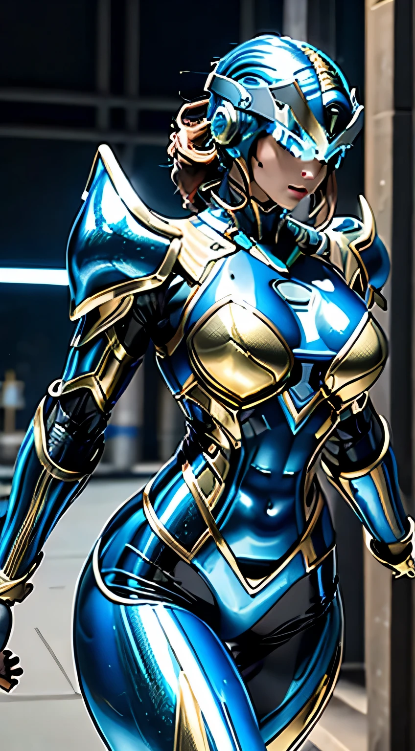Female Robocop Solo、Bright outdoors、strong light source、8K, high quality, masterpiece, 最high quality、very detailed、Armor that completely covers the whole body、very large armor、Helmet covering the head、clear pictures、The eyes are hidden by thin, straight goggles:1.3、The lower half of the face is raw:1.5、Face exposed from nose down:5.0、Luscious lips、Fluorescent blue metallic armor with thin gold lines、Armor that completely covers the chest、Long, slender legs、Vibrant posel body view,Big and ample breasts:1.5, (Sports Body:1.5)、Five Fingers、Photos in the city