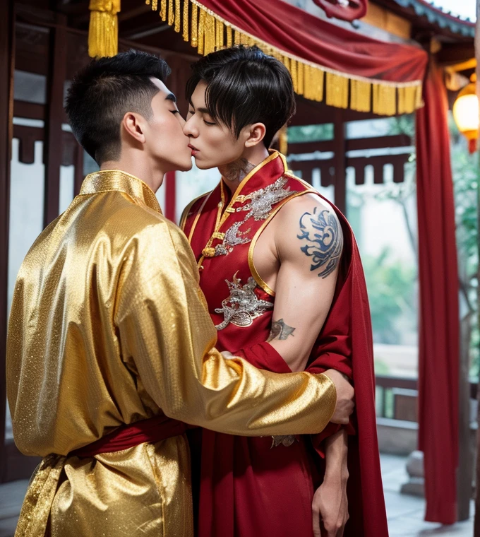 2 Handsome guy kissing, 25 years old,hug, cuddle, touching lips, skin ship, romantic, Asian, chinese hansomeactor, manly, master work, best picture quality, higher quality, high detail, super high resolution, 8k resolution, perfect eyes, perfect skin, perfect hands, big muscles, bare chest, tattoos chest, tattoo hands, tattoo arms, glowing eyes, short hair, hair details, detailed background , open Hanfu transparent tulle jacket, ((red and golden clothes with silver decoration)), super sexy loincloth, naked, long big erection dick, detailed perfect dick shape, Chinese garden background, Chinese kung fu, dragon-themed costumes, monk robes, spinning floating particles, chinese temple in background, looking at viewer