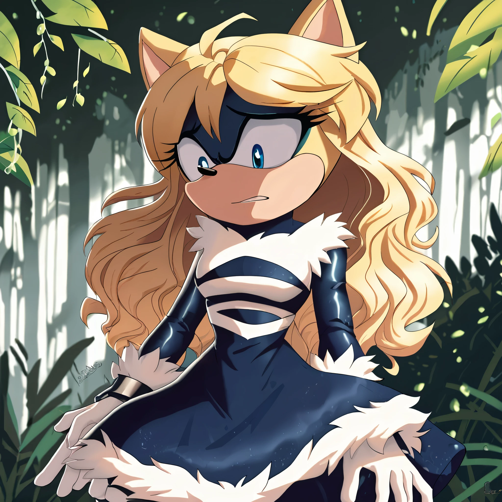 score_9, score_8_up, score_7_up, ((Masterpiece)), high quality, studio quality, 1girl, Female, mobian, ((hedgehog)), 1girl, solo, forest background, blonde fur, long hair, blue irises, hair bangs, beautiful young woman Venomized, long strabarry blonde hair, soft blue eyes with a hint of mystery, wearing Venom Symbiote Suit/dress, fluffy white mane, fluffy white cuffs, normal amount of fingers, looking down at herself with a sad/scared expression, innocently scared look