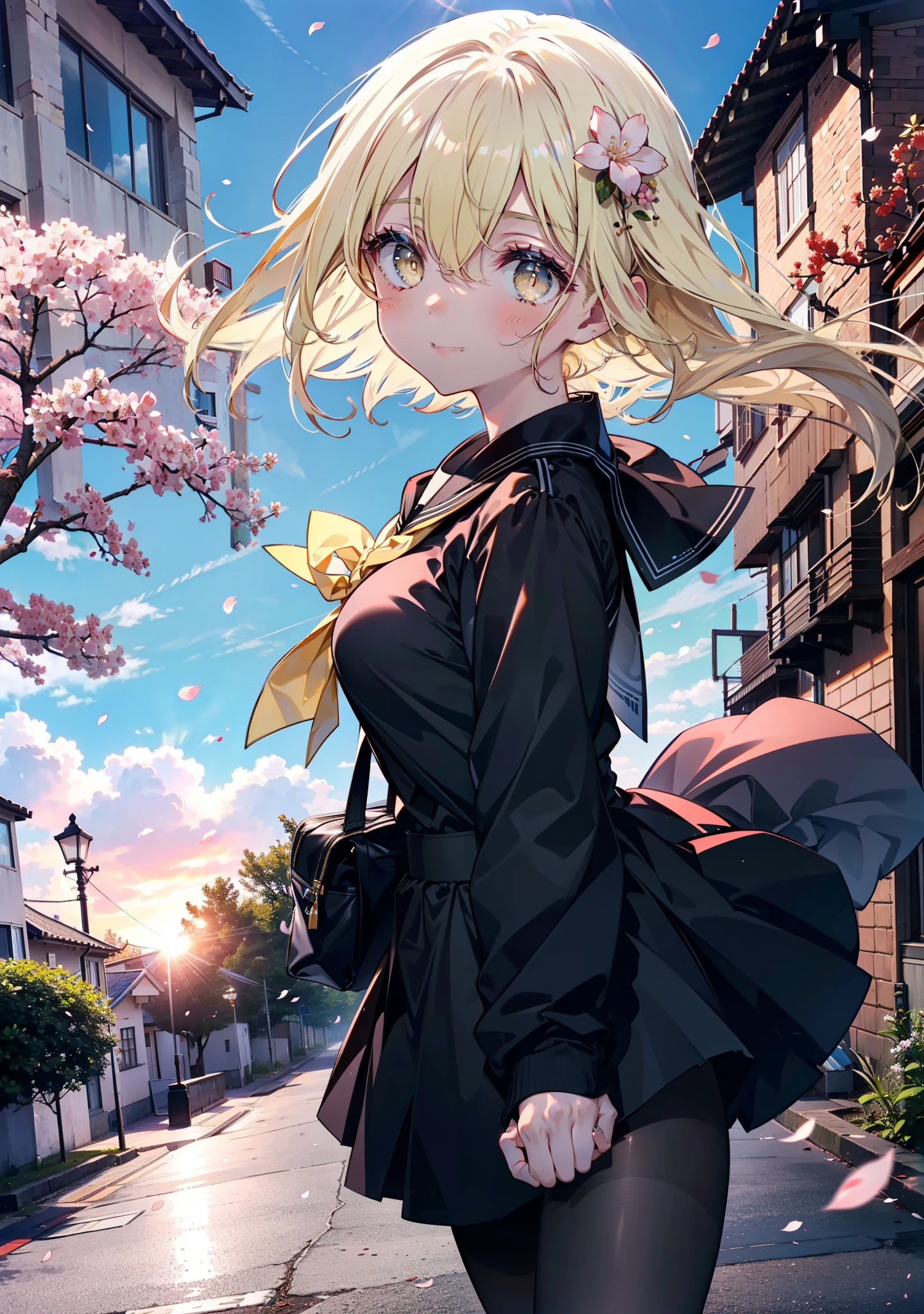 アイスWallenstein, Wallenstein, Blonde, Hair between the eyes, hair band, Long Hair, (Yellow Eyes:1.5),happy smile, smile, Close your mouth,smile,blush,Black Sailor Suit,Black pleated skirt,Black Pantyhose,Brown Loafers,morning,morning陽,The sun is rising,Cherry blossoms are blooming,Cherry blossoms are scattered,Cherry blossom tree-lined path,break looking at viewer, break outdoors,School　School building, break (masterpiece:1.2), highest quality, High resolution, unity 8k wallpaper, (shape:0.8), (Beautiful and beautiful eyes:1.6), Highly detailed face, Perfect lighting, Highly detailed CG, (Perfect hands, Perfect Anatomy),