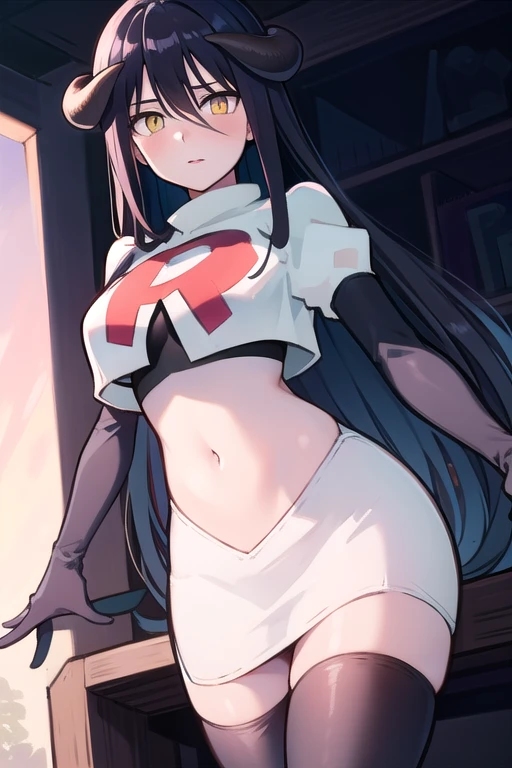 albedow, albedowings, medium breasts, long black hair, yellow eyes, looking at viewer, parted lips, cowbot shot, team rocket,team rocket uniform,white skirt,red letter R,crop top,black thigh-highs