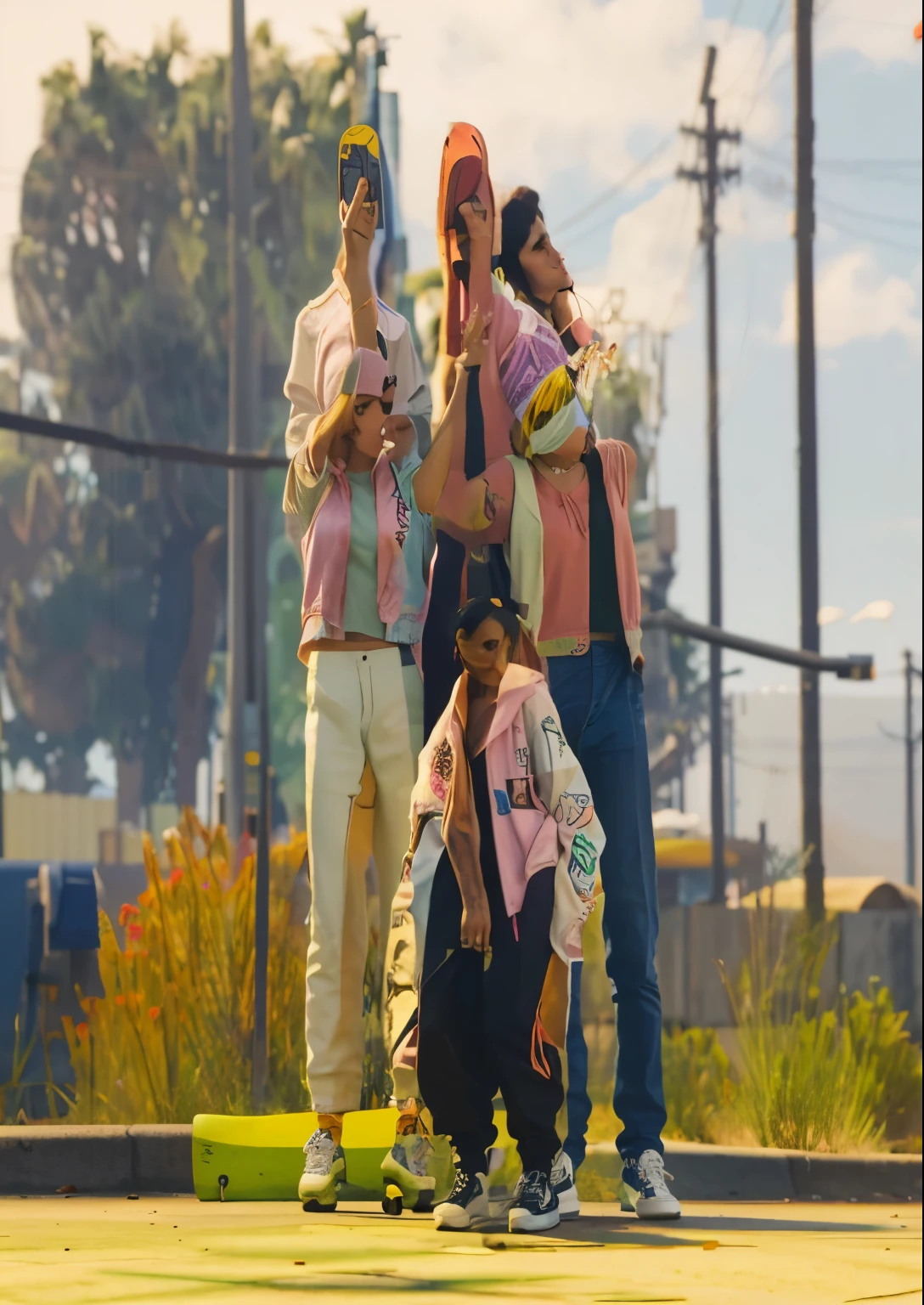 there are three people standing on a street with a skateboard, portrait of a pink gang, style of gta v, gta v street style, gta5 style, grand theft auto style, gta style, ariana grande in gta v, gta v style, style of gta v artworks, gta character, gta artstyle, gta vice city style, gta 6 style