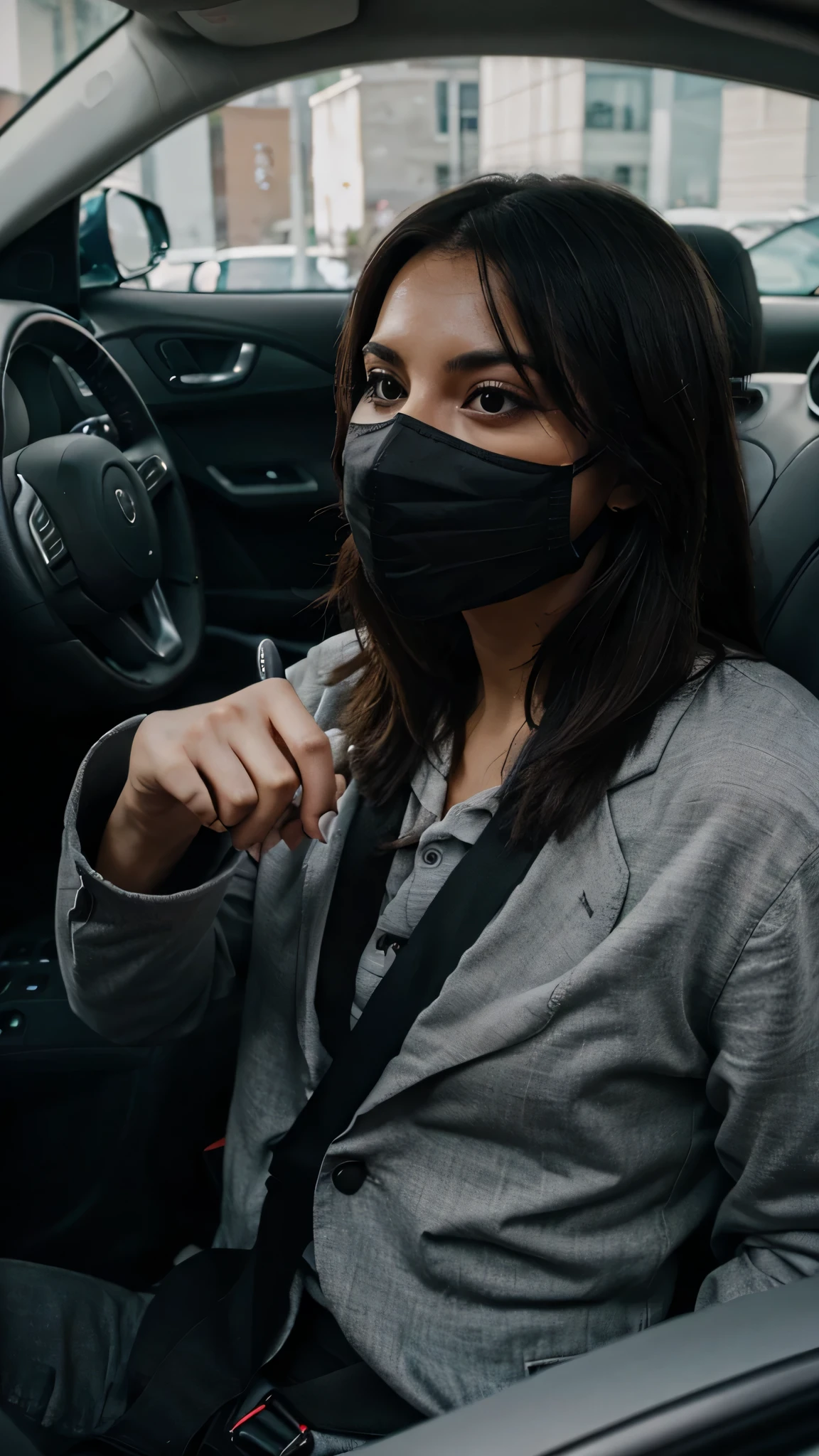 Kidnapping inside a grey car in a black mask