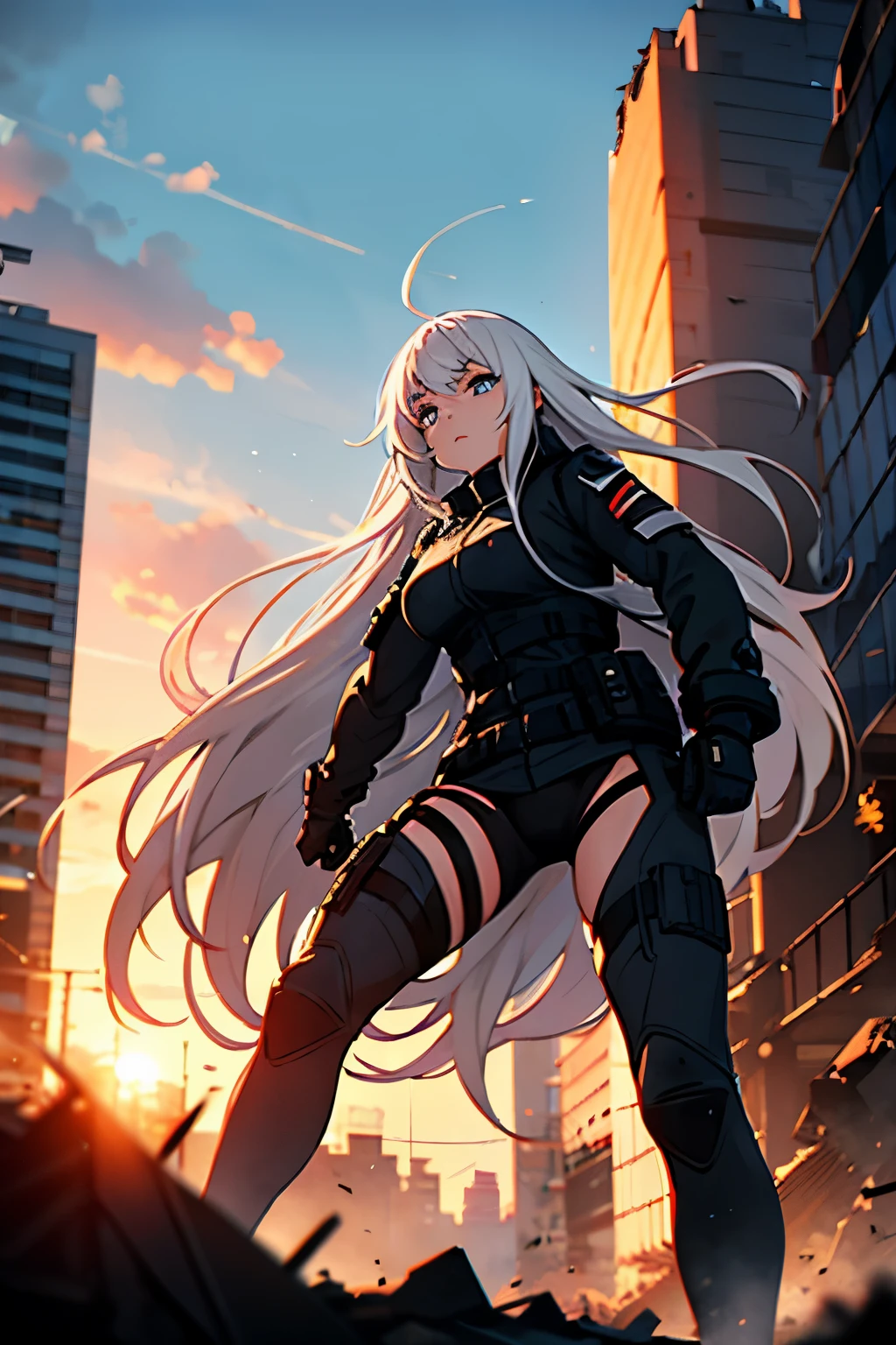 Evil girl with long white hair whit black streak, blue eyes, in black tactical clothing. In a city in ruins. About to enter combat. Sky sunset
