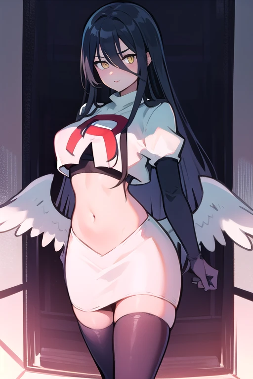 albedow, albedowings, medium breasts, long black hair, yellow eyes, looking at viewer, parted lips, cowbot shot, team rocket,team rocket uniform,white skirt,red letter R,crop top,black thigh-highs