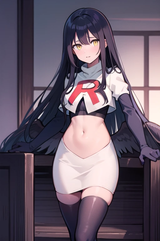 albedow, albedowings, medium breasts, long black hair, yellow eyes, looking at viewer, parted lips, cowbot shot, team rocket,team rocket uniform,white skirt,red letter R,crop top,black thigh-highs