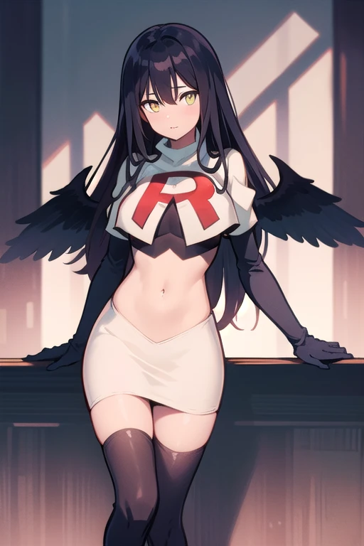 albedow, albedowings, medium breasts, long black hair, yellow eyes, looking at viewer, parted lips, cowbot shot, team rocket,team rocket uniform,white skirt,red letter R,crop top,black thigh-highs