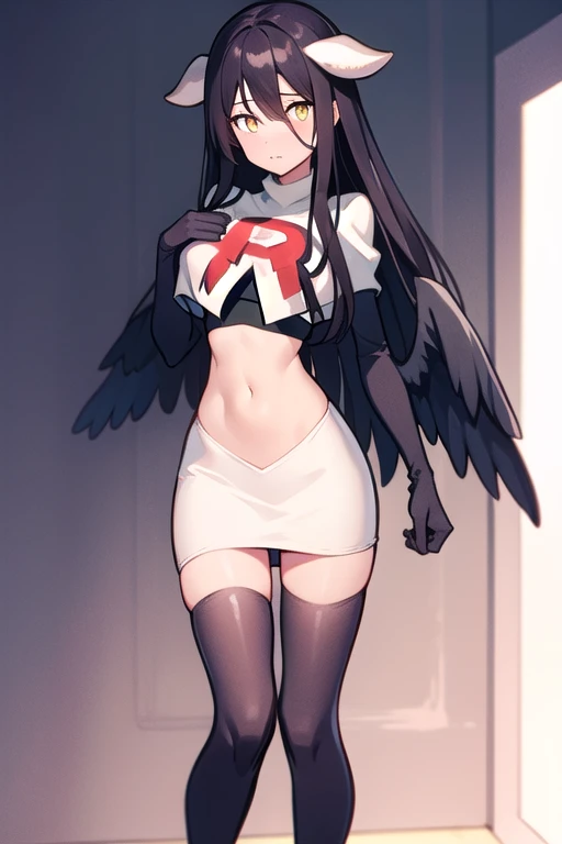 albedow, albedowings, medium breasts, long black hair, yellow eyes, looking at viewer, parted lips, cowbot shot, team rocket,team rocket uniform,white skirt,red letter R,crop top,black thigh-highs