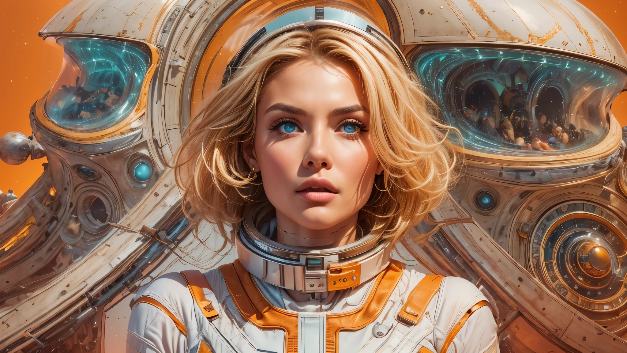 arafed image of a white woman in a futuristic suit with a spaceship in the background, movie art, in front of an orange background, inspired by Robert McGinnis, female protagonist, megastructure in the background, portrait of an ai astronaut, astronauts, an astronaut, portrait of a astronaut skeletor, perfect android girl, detailed eyes, perfectly detailed teeth, frank franzzeta and sakimichan