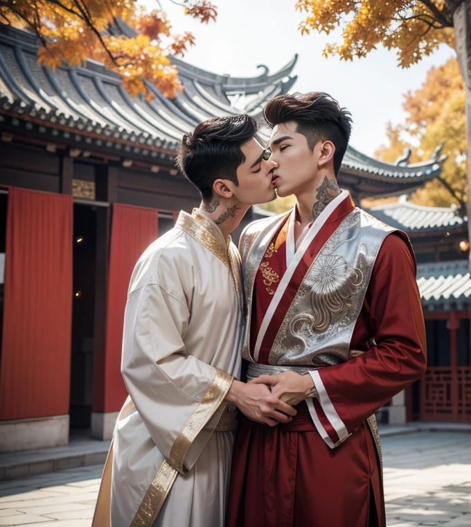 2 Handsome guy kissing, 25 years old,hug, cuddle, touching lips, skin ship, romantic, Asian, chinese hansomeactor, manly, master work, best picture quality, higher quality, high detail, super high resolution, 8k resolution, perfect eyes, perfect skin, perfect hands, big muscles, bare chest, tattoos chest, tattoo hands, tattoo arms, glowing eyes, short hair, hair details, detailed background , open Hanfu transparent tulle jacket, ((red and golden clothes with silver decoration)), super sexy loincloth, naked, long big erection dick, detailed perfect dick shape, Chinese garden background, Chinese kung fu, dragon-themed costumes, monk robes, spinning floating particles, chinese temple in background, looking at viewer