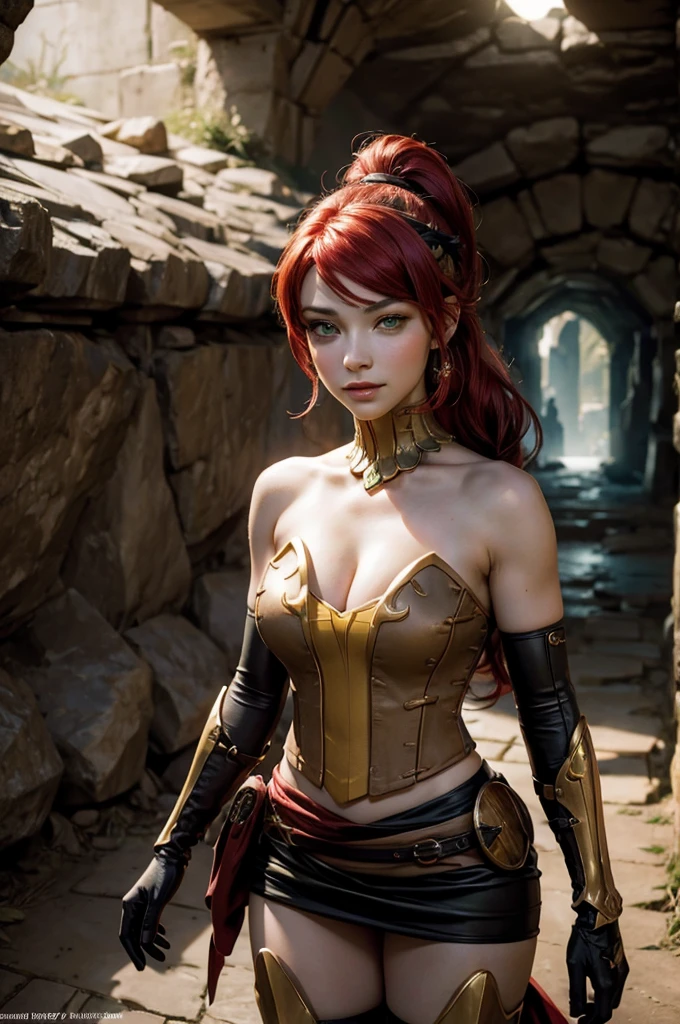 stunning girlfriend, heart shaped face, elegant face, beautiful face, highly detailed face, highly detailed skin, skin pores, subsurface scattering, realistic pupils, full lips, detailed background, depth of field, atmospheric perspective, volumetric lighting, sharp focus, absurdres, realistic proportions, good anatomy, (realistic, hyperrealistic:1.4), 16k hdr, ((best quality)), ((highly detailed)), absurdres, (detailed eyes, deep eyes), (1girl), full body, pyrrha nikos, rwby, red hair, ponytail, green eyes, medium breasts, smiling, circlet, bustier, bare shoulders, skirt, elbow gloves, bracers, armored boots, night, stars, moonlight, standing, in entrance to cave, underground pool, rocks, crowd