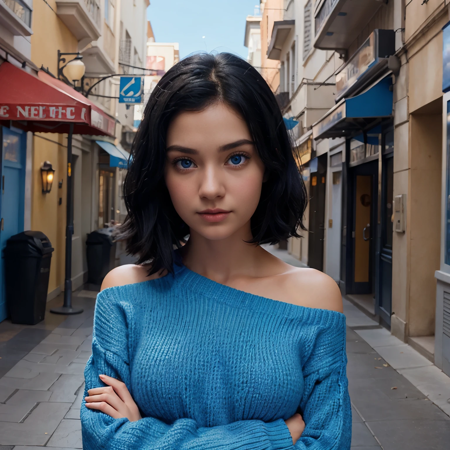 (Beautiful girl), blue sweater, shoulder length black hair, and blue eyes, 3D Disney pixar posters