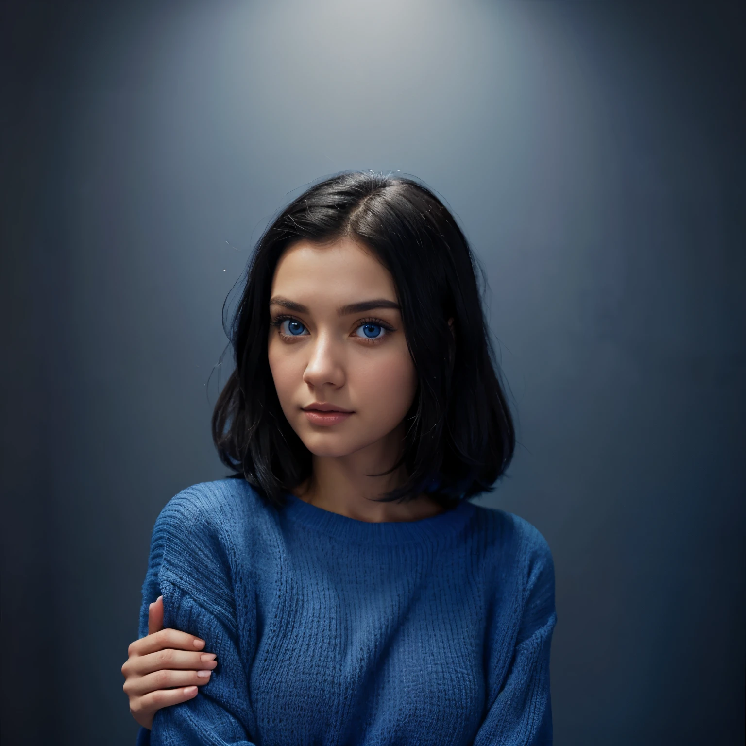 (Beautiful girl), blue sweater, shoulder length black hair, and blue eyes, 3D Disney pixar posters 