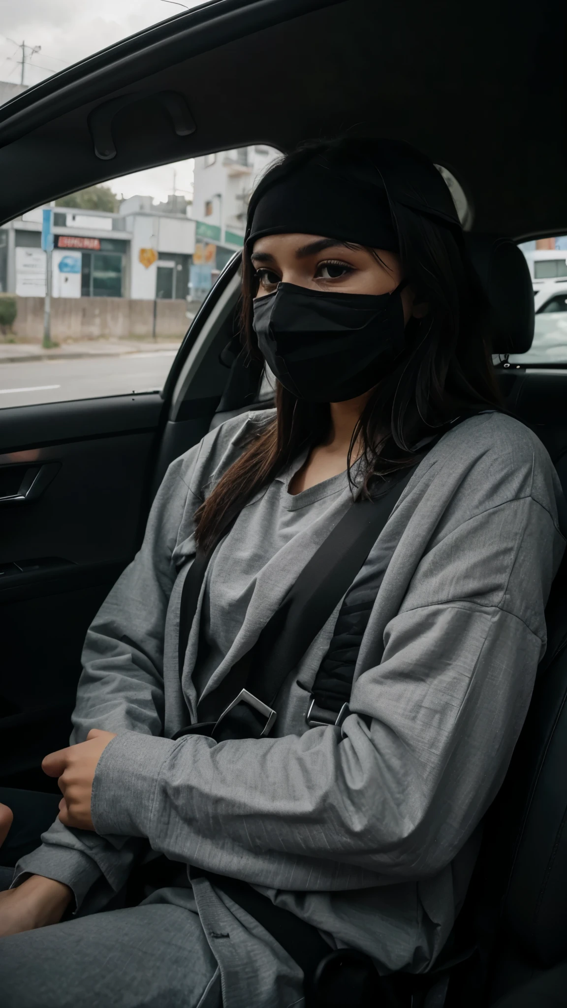 Kidnapping in black mask inside grey colour car, image from outside the car