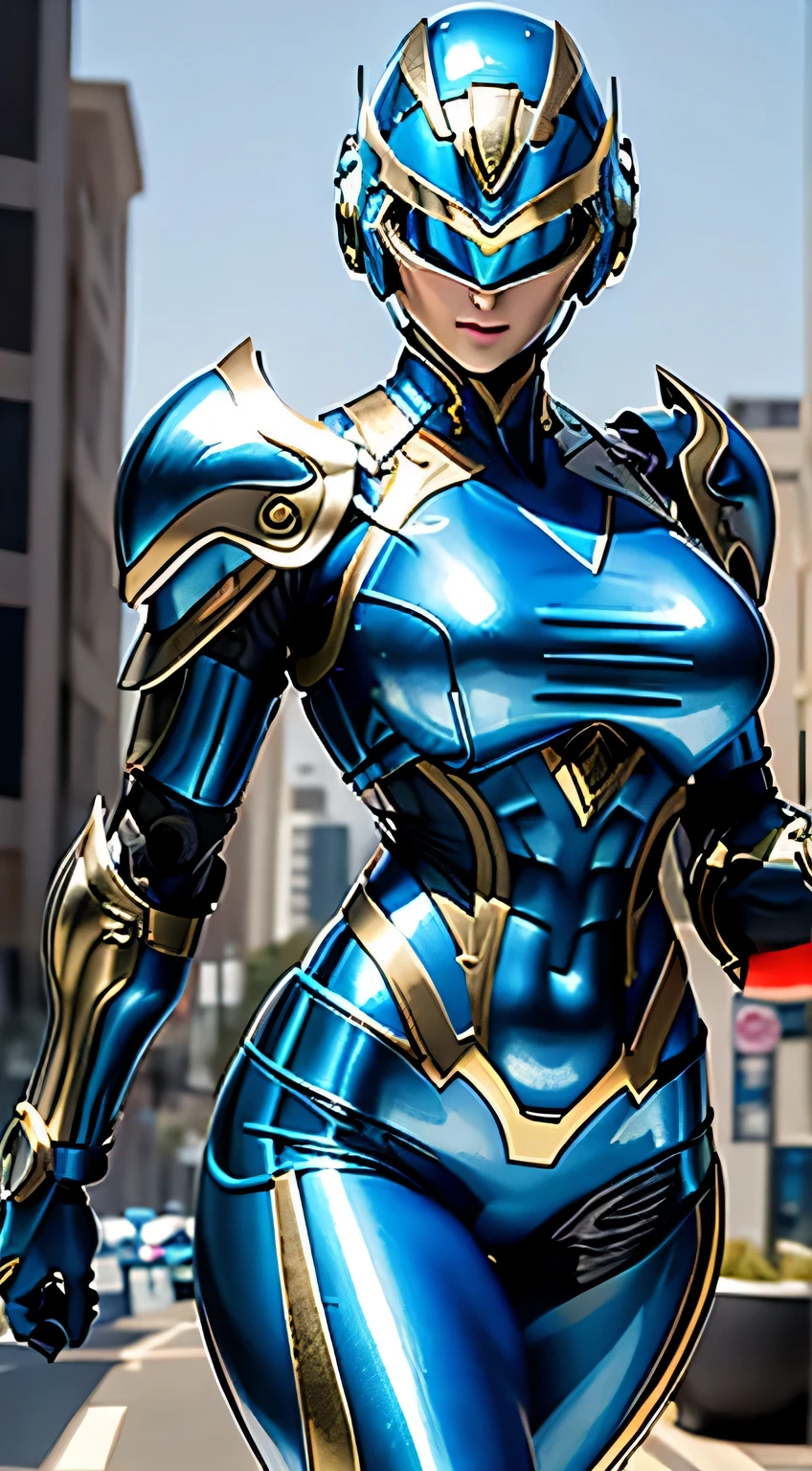 Female Robocop Solo、Bright outdoors、strong light source、8K, high quality, masterpiece, 最high quality、very detailed、Armor that completely covers the whole body、very large armor、Helmet covering the head、clear pictures、The eyes are hidden by thin, straight goggles:1.3、The lower half of the face is raw:1.5、Face exposed from nose down:5.0、Luscious lips、Fluorescent blue metallic armor with thin gold lines、Armor that completely covers the chest、Long, slender legs、Vibrant posel body view,Big and ample breasts:1.5, (Sports Body:1.5)、Five Fingers、Photos in the city