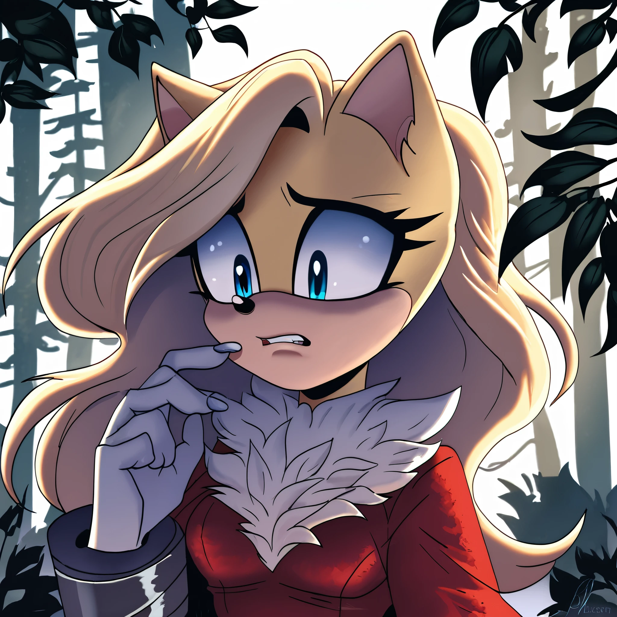 score_9, score_8_up, score_7_up, ((Masterpiece)), high quality, studio quality, 1girl, Female, mobian, ((hedgehog)), 1girl, solo, forest background, blonde fur, long hair, blue irises, hair bangs, beautiful young woman Venomized, long strabarry blonde hair, soft blue eyes with a hint of mystery, wearing Venom Symbiote Suit/dress, fluffy white mane, fluffy white cuffs, normal amount of fingers, looking down at herself with a sad/scared expression, innocently scared look