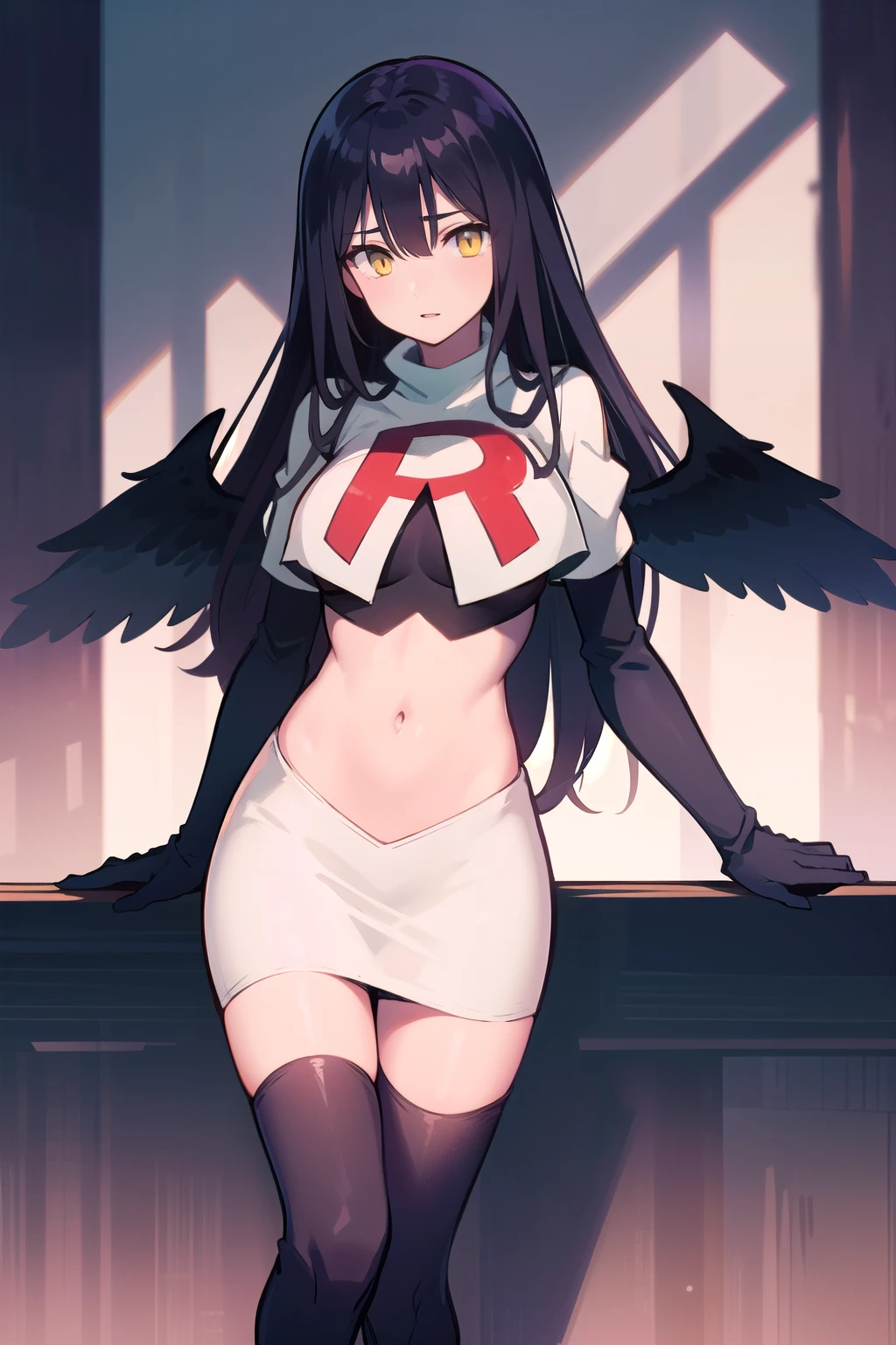 albedow, albedowings, medium breasts, long black hair, yellow eyes, looking at viewer, parted lips, cowbot shot, team rocket,team rocket uniform,white skirt,red letter R,crop top,black thigh-highs