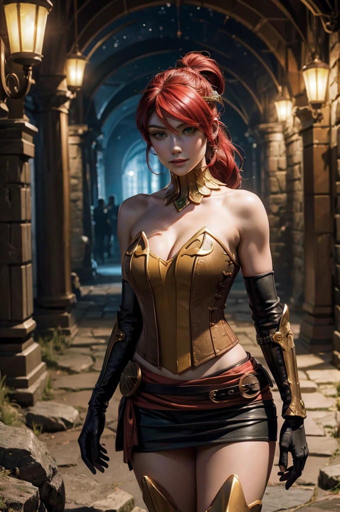 stunning girlfriend, heart shaped face, elegant face, beautiful face, highly detailed face, highly detailed skin, skin pores, subsurface scattering, realistic pupils, full lips, detailed background, depth of field, atmospheric perspective, volumetric lighting, sharp focus, absurdres, realistic proportions, good anatomy, (realistic, hyperrealistic:1.4), 16k hdr, ((best quality)), ((highly detailed)), absurdres, (detailed eyes, deep eyes), (1girl), full body, pyrrha nikos, rwby, red hair, ponytail, green eyes, medium breasts, smiling, circlet, bustier, bare shoulders, skirt, elbow gloves, bracers, armored boots, night, stars, moonlight, standing, in entrance to cave, underground lake, rocks, crowd