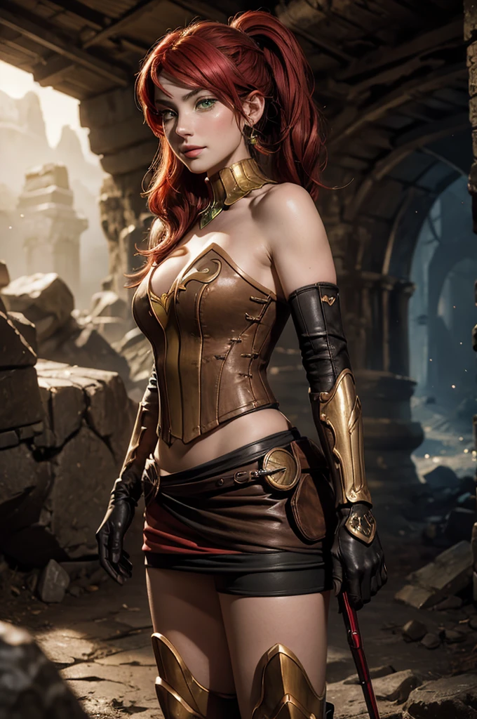 stunning girlfriend, heart shaped face, elegant face, beautiful face, highly detailed face, highly detailed skin, skin pores, subsurface scattering, realistic pupils, full lips, detailed background, depth of field, atmospheric perspective, volumetric lighting, sharp focus, absurdres, realistic proportions, good anatomy, (realistic, hyperrealistic:1.4), 16k hdr, ((best quality)), ((highly detailed)), absurdres, (detailed eyes, deep eyes), (1girl), full body, pyrrha nikos, rwby, red hair, ponytail, green eyes, medium breasts, smiling, circlet, bustier, bare shoulders, skirt, elbow gloves, bracers, armored boots, night, stars, moonlight, standing, in entrance to cave, underground lake, rocks, crowd