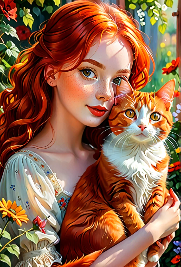 red-haired girl with a red cat, (best quality, masterpieces, ultra-detailed), beautiful detailed eyes, beautiful detailed lips, longeyelashes, vibrant colors, illustrative style, oil painting texture, flowing red hair, cozy garden background, soft sunlight, lively expression, joyful interaction with the cat, dynamic pose, realistic rendering.