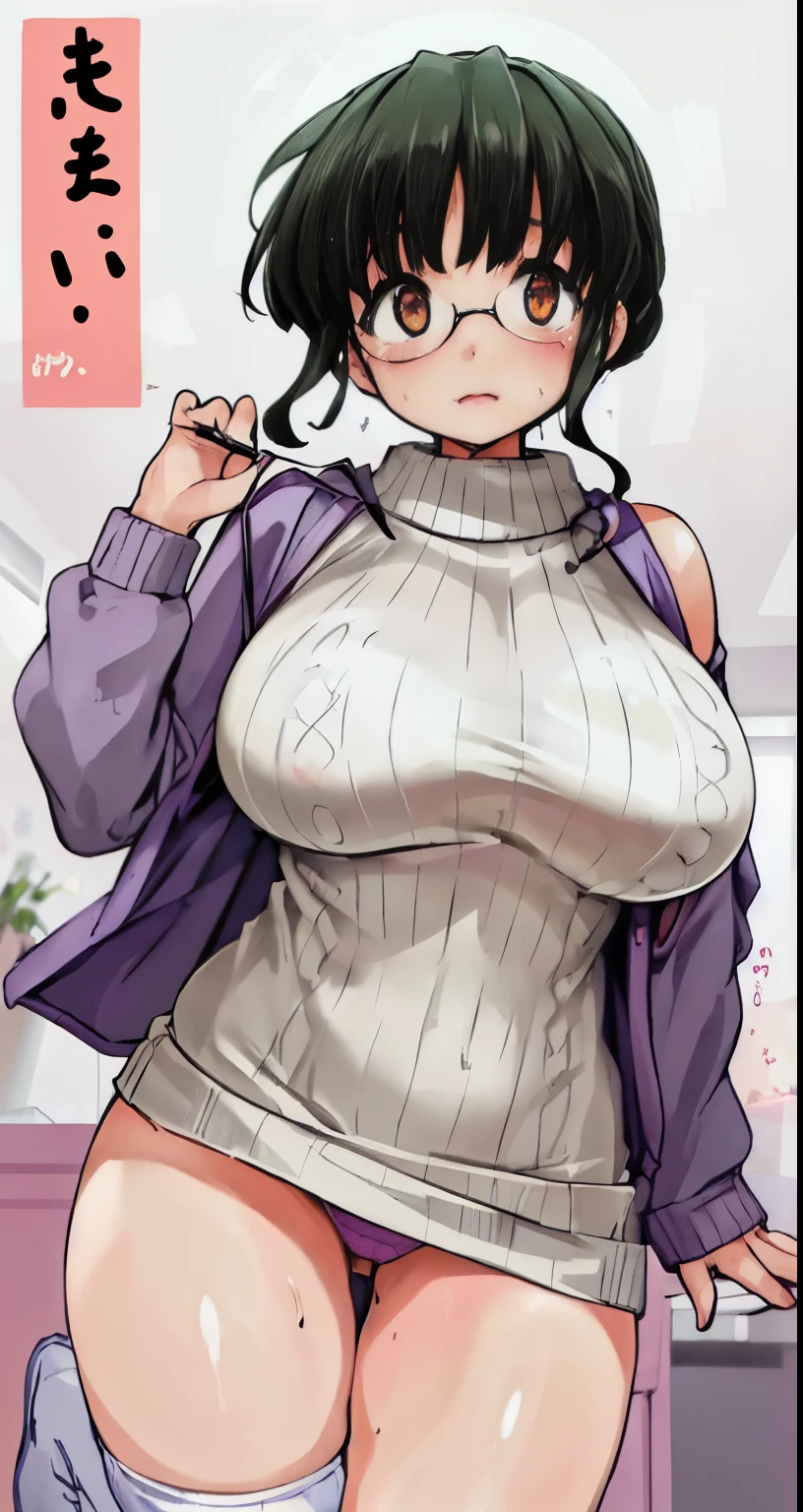 nsfw,(Perfect body),highest quality,(8K Portrait),(Official Art)、Browsing Caution、(((Big Breasts)))、obesity、((short hair))、blush,((isark hair)),(Sweat),((((Take off your sweater))))、Black knee socks、One Girl,((:is))、hot、Office Room、Glasses、Erect nipples、showing off panties