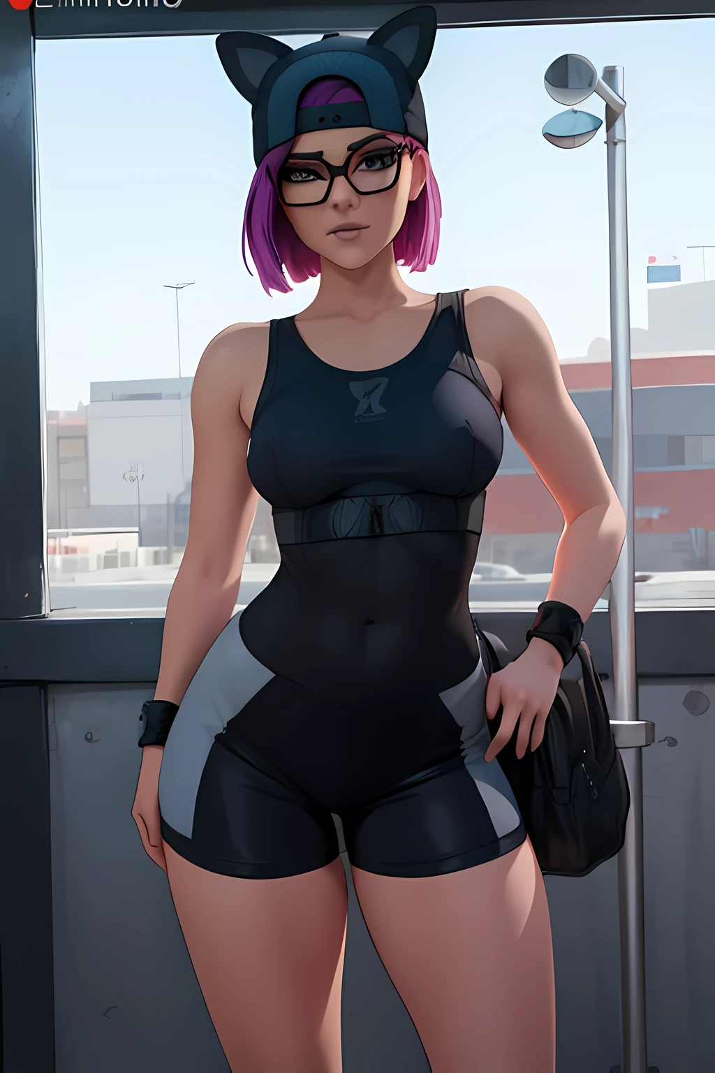 lince, gafas, gorra , Azul y Gris shorts con leggins, guantes sin dedos, sentada, Noche, Extremadamente detallado, rostro detallado ,hermoso rostro, ojos finos, mirando al espectador, pose femenino.